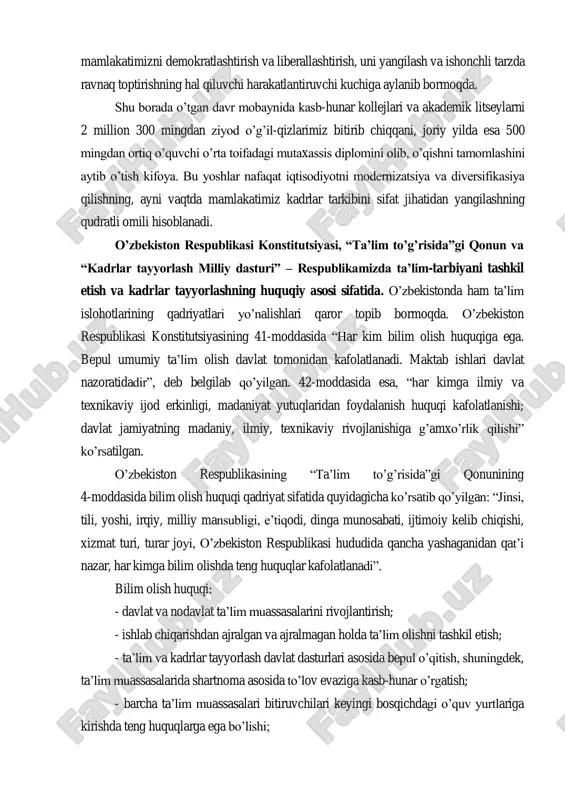 lat qurish yo‟liga qadam qo‟yib, kuchli davlatdan kuchli fuqarolik jamiyati sari izchillik bilan o‟tishni ta‟minlar ekanmiz, faqat milliy va umumbashariy qadriyatlar uyg‟unligi zaruratini teran anglaydigan, zamonaviy bilimlarni, intellektual salohiyat va ilg‟or texnologiyalarni egallagan insonlargina o‟z oldimizga qo‟ygan strategik taraqqiyot maqsadlariga erishishi mumkin ekanini hamisha o‟zimizga yaxshi tasavvur etib kelmoqdamiz. ta‟lim tizimini tubdan isloh etish odamlarimizning ongu tafakkuri va dunyoqarashini o‟zgartirish, ularning siyosiy va grajdanlik faolligini, o‟z kelajagiga bo‟lgan ishonchini oshirishning eng muhim omili va mustahkam asosiga aylandi, desak, hech qanday mubolag‟a bo‟lmaydi. eng muhimi shundaki, bizning yangi avlodimiz, bilimli, o‟tmishning har qanday illatlaridan ozod bo‟lgan yoshlarimiz bugungi kunda mamlakatimizni demokratlashtirish va liberallashtirish, uni yangilash va ishonchli tarzda ravnaq toptirishning hal qiluvchi harakatlantiruvchi kuchiga aylanib bormoqda. shu borada o‟tgan davr mobaynida kasb-hunar kollejlari va akademik litseylarni 2 million 300 mingdan ziyod o‟g‟il-qizlarimiz bitirib chiqqani, joriy yilda esa 500 mingdan ortiq o‟quvchi o‟rta toifadagi mutaxassis diplomini olib, o‟qishni tamomlashini aytib o‟tish kifoya. …