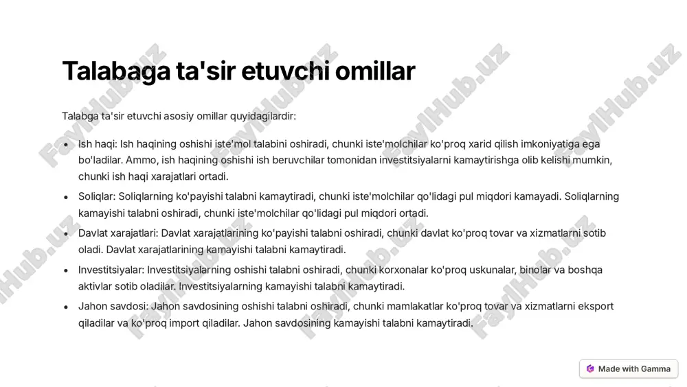 ynschilik maktabi keynsning talabning iqtisodiy faoliyatga ta'siri haqidagi fikriga qo'shiladi va talabni boshqarishni iqtisodiyotni barqarorlashtirishning muhim vositasi deb hisoblaydi. iqtisodiy o'zgarishlarning ahamiyati: neokeynschilik maktabi iqtisodiy o'zgarishlarning iqtisodiyotga ta'sirini tan oladi va davlatning iqtisodiy o'zgarishlarga moslashishga yordam berishini ta'kidlaydi. bozorning mukammal emasligi: neokeynschilik maktabi bozorning mukammal emasligini va davlatning bozorning kamchiliklarini tuzatishda muhim rol o'ynashi mumkinligini tan oladi. ijtimoiy adolat: neokeynschilik maktabi iqtisodiy siyosatning ijtimoiy adolatni ta'minlashga qaratilishi kerakligini ta'kidlaydi. https://gamma.app/?utm_source=made-with-gamma keyns va neo-keynschilikning o'zaro farqlari keynschilik keynschilik maktabi davlatning iqtisodiyotni sozlashda faol rol o'ynashini va talabni boshqarish orqali ish bilan bandlikni oshirishni va iqtisodiy barqarorlikni ta'minlashni ta'kidlaydi. u davlat xarajatlarini ko'paytirish, soliqlarni kamaytirish va pul-kredit siyosatini tartibga solish orqali talabni rag'batlantirishni taklif qiladi. keynschilik maktabi bozorning mukammal emasligini va davlatning bozorning kamchiliklarini tuzatishda muhim rol o'ynashi mumkinligini tan oladi. neokeynschilik neokeynschilik maktabi keynschilikning asosiy g'oyalarini saqlab qolgan holda, zamonaviy iqtisodiy sharoitlarga moslashtirilgan va yangi fikrlarni o'z ichiga olgan. neokeynschilik maktabi …