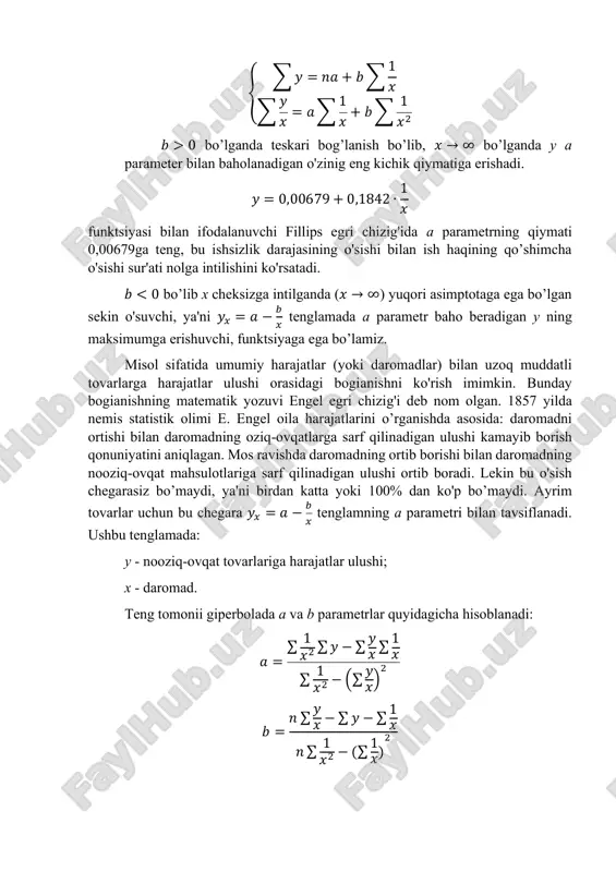 nishidagi tenglamani olamiz. ushbu funktsiya avvalgi funktsiya kabi parametrlar bo’yicha chiziqli, asosiy x o'zgaruvchi bo'yicha esa chiziqli emas. a va b parametrlarrii ekku yordamida aniqlash mumkin. bunda normal tenglamalar sistemasi quyidagicha bo’ladi: { ∑𝑦 = 𝑛𝑎 + 𝑏∑ln𝑥 ∑𝑦𝑥 = 𝑎∑ln𝑥 + 𝑏∑ln𝑥2 4. chiziqsiz regressiya uchun korrelyatsiya chiziqsiz regressiya tenglamasi chiziqli boglanishi kabi bo’g’lanish zichligi ko’rsatkichi bilan to’ldiriladi. ushbu holatda bu korrelyatsiya koeffitsientidir: 𝜌𝑥𝑦 = √1 − 𝜎𝑞𝑜𝑙 2 𝜎𝑦 2 bu erda 𝜎𝑦 2 = 1 𝑛 ∑(𝑦 − �̅�)2 - y natijaviy belgining umumiy dispertsiyasi; 𝜎𝑞𝑜𝑙 2 = 1 𝑛 ∑(𝑦 − �̂�)2 – qoldiq dispersiya. korrelyatsiya koeffitsientini quyidagi ko’rinishda ham yozish mumkin: 𝜌 = √1 − ∑(𝑦 − �̂�)2 ∑(𝑦 − �̅�)2 ushbu ko'rsatkichmng qiymati 0 va 1 oralig'ida yotadi, ya'ni 0 < 𝜌 < 1 ko'rsatkich qanchalik 1 ga yaqin bo'lsa o'rganilayotgan belgilar orasidagi bog’lanish shunchalik zich bo'ladi va tuzilgan regressiya tengiamasi shunchalik haqiqatga yaqin …