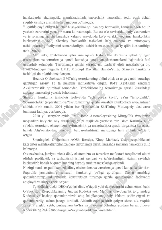 oq kabi fitna o‘choqlariga ketib qolmoqdalar. u yerlarda diydasi qotgan jallodlarga aylangan bu johillar yurtiga qurol o‘qtalib o‘z xalqi, ota-onasi va dindoshlariga tahdid bilan dag‘dag‘a qilishdek tubanlikka yuz tutyaptilar. aqidaparastlik jamiyatimizdagi fuqarolarni “haqiqiy” va “soxta” dindorlarga ajratishi bilan ham tahdid solmoqda. bunday harakatlarning oddiy misollari sifatida go‘yoki islomiy libos deb ilgari surilayotgan “hijob” masalasiga haddan tashqari urg‘u berish, dunyoviy hayot kechiruvchi fuqarolarni go‘yoki “imoni sust” sifatida ko‘rishni qayd etish mumkin. ta’kidlash joizki, bunday fitna chiqarishlar qanday oqibatlarga olib kelishi afg‘oniston, pokiston va jazoirda sodir bo‘lgan hamda hozirda iroq va suriya davlatlarida yuz berayotgan voqealardan bizga ma’lum. barcha buyumlarni “halol” va “harom”ga ajratishda g‘uluvga ketish oqibatida ba’zi qo‘shni mamlakatlarimizda hattoki “halol taksi” chiqqanini qanday izohlash mumkin? vaholanki, islom dini o‘rtalik, mo‘’tadillikka chaqiradi. darhaqiqat hozirgi kunga kelib diniy-ekstremistik tashkilotlar keng tarmoqli tizimga aylanib ulgurdi. bu chuqur o‘ylangan strategiyaning bir qismidir. avvalo, barcha ekstremistik tashkilotlar bir tadqiqot markazlari, ta’bir joiz bo‘lsa, “g‘oyaviy laboratoriya”lar …