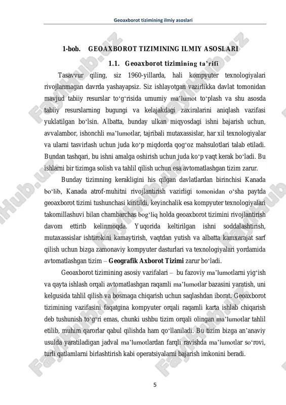 tizimdir, degan xulosa kelib chiqishi mumkin. keltirilgan fikrlarni umumlashtirgan holda quyida eng aniq ta’rifni bersak boʻladi: “geoaxborot tizimi – bu asosiy vazifalari tabiat va jamiyat hodisalarining geofazoviy ma’lumotlarini maxsus vositalar yordamida toʻplash, saqlash, boshqarish, tahlil qilish, modellashtirish va tasvirlashdan iborat boʻlgan mutaxassis va tahlilchilar boshqaruvi ostidagi umumlashgan dasturiy tizimdir”. geoaxborot tizimiga yana turlicha ta’riflar keltirish, u haqidagi muhokamalarni davom ettirish mumkin, biroq barcha ta’riflarning zamirida yuqorida keltirilgan asosiy ma’no yotadi. shuning uchun keltirilgan ta’rifni bosh ta’rif deb qabul qilish mumkin. yuqorida berilgan ta’rifdagi fazoviy-geografik ma’lumotlar turkumi deganda barcha yer toʻgʻrisidagi ma’lumotlarni, jumladan koordinatalarni, yer uchastkalari chegaralarini, ular joylashgan joy to’g’risidagi ma’lumotlarni, joyning huquqiy va iqtisodiy ma’lumotlarini hamda ko’plab muhim bo’lgan fazoviy ma’lumotlarni tushunish lozim. geoaxborot tizimining ilmiy asoslari 7 quyidagi rasmda geoaxborot tizimining umumiy koʻrinishi keltirilgan boʻlib, ushbu tizim turli adabiyotlarda yanada batafsilroq yoki soddalashgan holda berilgan boʻlishi mumkin. 1.1- rasm. geoaxborot tizimining umumiy koʻrinishi (manba: internet) 1.2. geoaxborot tizimining …