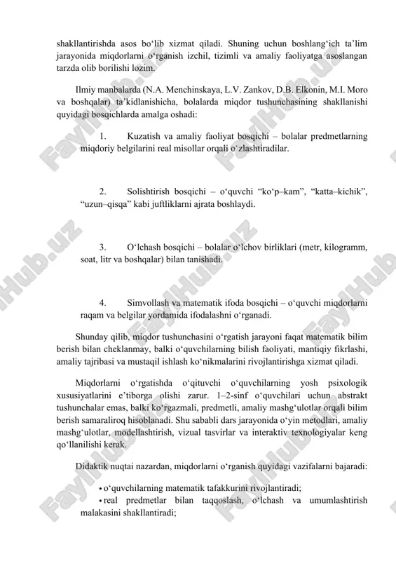 va o‘z fikrini asoslab ifodalashga o‘rgatadi. shu boisdan, boshlang‘ich ta’limda miqdorlarni o‘rganish metodikasini chuqur ishlab chiqish, ularni o‘rgatishda innovatsion yondashuvlarni qo‘llash zamonaviy ta’limning muhim talabi hisoblanadi. miqdor tushunchasining shakllanishi o‘quvchilarning bilish faoliyatini faollashtirish va atrof-muhitdagi predmetlar o‘rtasidagi miqdoriy bog‘liqlikni anglashga tayyorlash jarayoni hisoblanadi. boshlang‘ich ta’limda bu tushuncha o‘quvchilar tafakkurini, nutqini va kuzatuvchanligini rivojlantirish bilan chambarchas bog‘liqdir. o‘quvchilar predmetlarning o‘zaro solishtiriladigan belgilarini kuzatish orqali umumiylikni aniqlaydi va ularni matematik ifoda shakliga keltiradi. shu tarzda ular konkret tafakkurdan abstrakt fikrlashga o‘tadilar. didaktik jihatdan, miqdor tushunchasini o‘rgatish jarayoni “ko‘rish – solishtirish – o‘lchash – umumlashtirish – ifodalash” bosqichlaridan tashkil topadi. har bir bosqichda o‘quvchi yangi bilimni faqat tayyor shaklda emas, balki faol harakat, kuzatish va mustaqil izlanish orqali o‘zlashtiradi. bu esa bolalarda matematik tafakkur bilan bir qatorda ijodiy fikrlash, mantiqiy xulosa chiqarish qobiliyatini shakllantiradi. boshlang‘ich sinf o‘quvchilari uchun miqdorlarni o‘rganish jarayonida o‘qituvchi didaktik vositalardan samarali foydalanishi muhim. bunda chizg‘ich, tarozi, litrli idish, soat, …