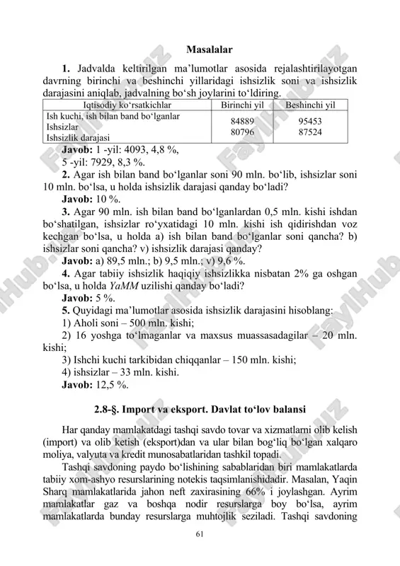 yil ish kuchi, ish bilan band bo‘lganlar ishsizlar ishsizlik darajasi 84889 80796 95453 87524 javob: 1 -yil: 4093, 4,8 %, 5 -yil: 7929, 8,3 %. 2. agar ish bilan band bo‘lganlar soni 90 mln. bo‘lib, ishsizlar soni 10 mln. bo‘lsa, u holda ishsizlik darajasi qanday bo‘ladi? javob: 10 %. 3. agar 90 mln. ish bilan band bo‘lganlardan 0,5 mln. kishi ishdan bo‘shatilgan, ishsizlar ro‘yxatidagi 10 mln. kishi ish qidirishdan voz kechgan bo‘lsa, u holda a) ish bilan band bo‘lganlar soni qancha? b) ishsizlar soni qancha? v) ishsizlik darajasi qanday? javob: a) 89,5 mln.; b) 9,5 mln.; v) 9,6 %. 4. agar tabiiy ishsizlik haqiqiy ishsizlikka nisbatan 2% ga oshgan bo‘lsa, u holda yamm uzilishi qanday bo‘ladi? javob: 5 %. 5. quyidagi ma’lumotlar asosida ishsizlik darajasini hisoblang: 1) aholi soni – 500 mln. kishi; 2) 16 yoshga to‘lmaganlar va maxsus muassasadagilar – 20 mln. kishi; 3) ishchi kuchi tarkibidan chiqqanlar – …
