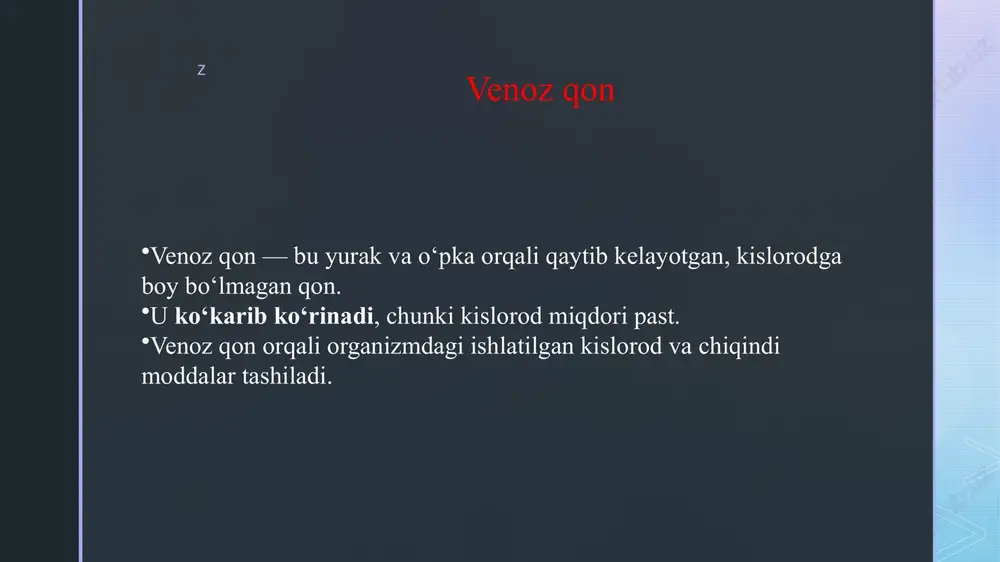 a qon ivishi bilan bog'liq hujjatlarni rasmiylashtirish paytida sodir bo'ladi. agar tromb chiqib ketsa va o'pkaga o'tib, o'pka emboliyasiga olib keladigan bo'lsa, bu holat hayot uchun xavfli bo'lishi mumkin. og'ir asoratlarni oldini olish uchun shoshilinch tibbiy yordam zarur. qon pıhtılarının sababi uzoq davom etadigan harakatsizlik, uzoq parvozlar yoki yotoqda dam olish, genetik kasalliklar va jarrohlik yoki travma paytida yuzaga kelishi mumkin bo'lgan tomir shikastlanishi bo'lishi mumkin. o'rgimchak tomirlari o'rgimchak tomirlari - terining yuzasi yaqinida paydo bo'ladigan kichik kengaygan qon tomirlari. ular odatda qizil, ko'k yoki binafsha rangga ega. varikoz tomirlari singari, ular zaif yoki shikastlangan tomir klapanlari tufayli yuzaga keladi. xavf omillari genetika, gormonal o'zgarishlar, quyoshga ta'sir qilish va uzoq vaqt turish yoki o'tirishdan iborat. z semptomlar va xavf omillari vena qon oqimining buzilishi tomirlar orqali muntazam ravishda qon oqib ketishini oldini oladi va turli xil alomatlar va mumkin bo'lgan asoratlarni keltirib chiqaradi. keling, venoz qon aylanishining buzilishining umumiy belgilari …