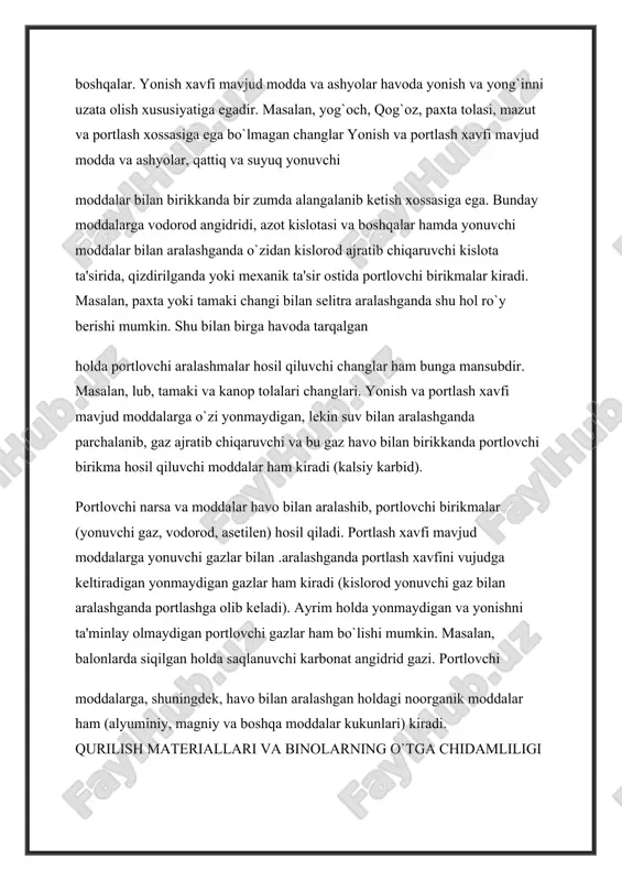 rorat 220° ga yetmaydi. masalan, 1 darajali binolar ko`taruvchi devorlarning o`tga chidamlilik chegarasi 2,5 soatga, ii darajalilarda esa 2 soatga teng. o`tga chidamlilik darajasi iii bo`lgan binolarning hamma qismlari yonmaydigan bo`ladi. faqat binolarning pardevorlari, qavatlararo yoki chordoq orayopmalari qiyin yonadigan, yopmalarni (tomlarni) ko`taruvchi konstruksiyalari esa yonadigan bo`lishi mumkin. iv darajali binolarda katta binoni qismlarga ajratadigan eshik-derazasiz maxsus yonishga qarshi devorlargina yonmaydigan bo`ladi. o`tga chidamliligi iv darajali binolarning ko`taruvchi devorlari, kolonnalari, pardevorlari va karkasli devorlarining to`ldirgichlari qiyin yonadigan bo`ladi, chordoqsiz orayopmalari esa yonadigan bo`lishi mumkin. o`tga chidamliligi v darajali binolarning yong`inga qarshi devorlaridan tashqari hamma elementlari suvalmagan yonadigan materiallar bo`ladi. istalgan o`tga chidamlilik darajasidagi binolarda quyidagilar yonadigan qilib ishlanishi mumkin: · chordoqli binolarda stropillar; · tomning ko`taruvchi detallari; · pardevorlarning ayrim konstruksiyalari; · pollar; · deraza tavaqalari; · ship; · devorlarning qoplamasi; 1. yonmaydigan materiallar va konstruksiyalar. 2. qiyin yonadigan materiallar. 3. yonadigan material va konstruksiyalar. qm va q p-a, 5-70 …