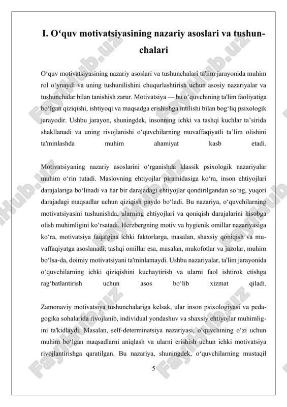 tirishda muhim rol o'ynaydi. bu jarayon, o'qituvchilar va pedagoglar tomonidan amalga oshiriladigan turli xil usullar, texnikalar va strategiyalar orqali ta'minlanadi. motivatsiyani shakllantirishda asosiy maqsad — o'quvchilarda ichki va tashqi motivatsiyalarni uyg'unlashtirish, ularning shaxsiy ehtiyojlari va qiziqishlariga mos keladigan muhit yaratishdir. birinchidan, maqsadli belgilash metodlari motivatsiyani rivojlantirishning asosiy vositalaridan biridir. o'quvchilarga aniq, amalga oshiriladigan va muhim maqsadlar qo'yish orqali ularning ta'lim jarayoniga bo'lgan qiziqishi oshadi. bu jarayonda, o'qituvchi har bir o'quvchining individual ehtiyojlari va qobiliyatlarini hisobga olib, maqsadlarni moslashtirishi muhimdir. maqsadlar real va erishilishi mumkin bo'lishi kerak, chunki bu o'quvchilarda muvaffaqiyat hissi hosil qiladi va ularni yanada ko'proq harakat qilishga undaydi. ikkinchidan, muvofiqlashtirilgan baholash va ijobiy muhit yaratish strategiyalari motivatsiya uchun muhimdir. o'qituvchilar o'quvchilarning yutuqlari va harakatlarini doimiy ravishda baholab, ularning muvaffaqiyatlarini ta'kidlashlari kerak. bu esa, o'quvchilarda o'z o'zini baholash va o'z ustida ishlash motivatsiyasini oshiradi. bundan tashqari, ta'lim muhitini ijobiy, do'stona va muvofiqlashtirilgan qilish, o'quvchilarning o'zini erkin va ishonchli his …