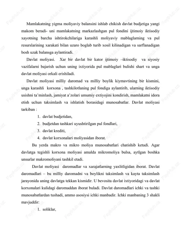 i daromad summasi, mol-mulk kiymati yoki uning moddiy mikdoriga karab belgilanadi. masalan daromad soligi uning ma’lum ulishiga teng buladi (5 %, 10 %, 15% va x.k).solik normasi oldindan ka’tiy, ya’ni uzgarmasdan mikdorda yoki progessiv, ya’ni solik obe’kti mikdoriga karab ortib boruvchi shakllarda belgilanadi. moliya solik imtiyozlarini xam uzichiga oladi, unga solikdan ozod etish, solik mikdorini kamaytirish, solik tulash shartini yengillashtrish kabilar kiradi. solik imtiyozlari uning ragbatlantirish funksiyasinikuchaytirishga karatiladi. solik tulash xujalik subyeti bilan davlat urtasidagi iktisodiy alokaning asosiy shakli, daromadning xujalik subyekti bilan davlat urtasidagi iktisodiy alokaning asosiy shakli, daromadning xujalik subyekti bilan davlat urtasidagi taksimlash vositasi xisoblanadi. soliklar moliya resurslari mikdoriga ta’sir etadi. agar davlatning moliya resurslarini oshirishga zarurati bulsa, soliklar kupaytiriladi va aksincha, korxona tashkilotlarning faolligini oshirish kerak bulsa, solik imtiyozlari beriladi. shu sababdan, soliklarning milliy daromaddagi xissasi uzgarib turali. soliklar xilma - xil buladi. masalan uzbekistonda bozor iktisodiyotiga utish sharoitida kuyidagi asosiy soliklar kiritilgan: kushilgan kiymatdan olinadigan …
