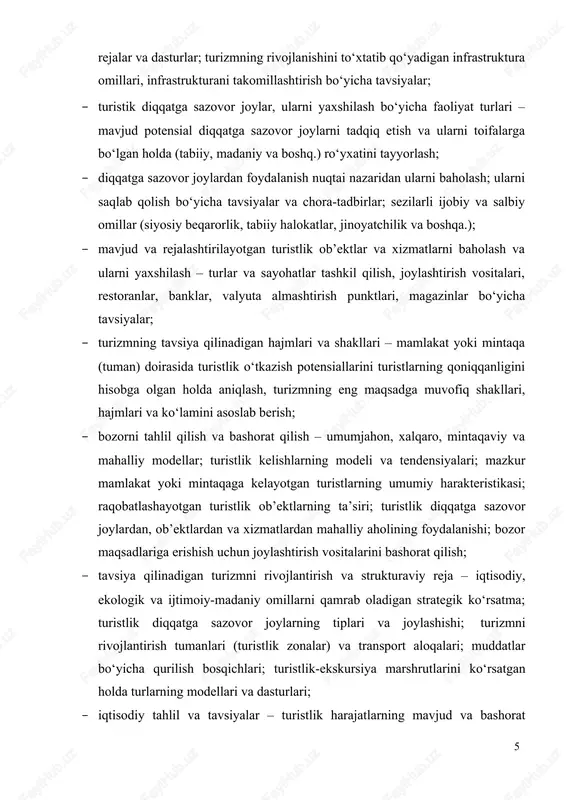 hi; bozor maqsadlariga erishish uchun joylashtirish vositalarini bashorat qilish; · tavsiya qilinadigan turizmni rivojlantirish va strukturaviy reja – iqtisodiy, ekologik va ijtimoiy-madaniy omillarni qamrab oladigan strategik ko‘rsatma; turistlik diqqatga sazovor joylarning tiplari va joylashishi; turizmni rivojlantirish tumanlari (turistlik zonalar) va transport aloqalari; muddatlar bo‘yicha qurilish bosqichlari; turistlik-ekskursiya marshrutlarini ko‘rsatgan holda turlarning modellari va dasturlari; · iqtisodiy tahlil va tavsiyalar – turistlik harajatlarning mavjud va bashorat qilinayotgan hajmi va turlari; turizmning mamlakat (mintaqa) iqtisodiyotiga bashorat qilinayotgan ta’siri, xorijiy valyutadagi daromadlar; tushgan daromadlar; aholining bandligi; davlat daromadlariga qo‘shilgan ulush; turizmning mahalliy, mintaqaviy va milliy darajadagi iqtisodiy foydasini kuchaytirish bo‘yicha tavsiyalar; · ekologik jihatlar va tavsiyalar – turizm bilan bog‘liq mavjud ekologik muammolar va ularni yumshatish bo‘yicha tavsiyalar; kelgusida ekologik salbiy oqibatlarni bartaraf etish va ijobiy ta’sirlarni kuchaytirish, turistlik tumanlarning umumiy ekologik sifatini kuchaytirish, atrof-muhitni saqlash, ekologik merosni asrash sohasidagi siyosat va dasturlarning zarur yo‘nalishlarini tanlab olish bo‘yicha chora-tadbirlar; aniq turistlik loyihalarning ekologik …