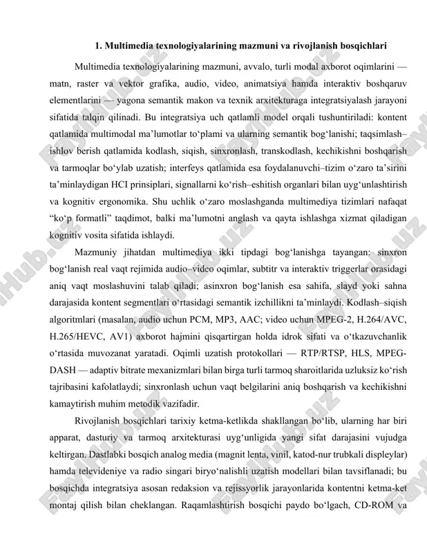 sion va rejissyorlik jarayonlarida kontentni ketma-ket montaj qilish bilan cheklangan. raqamlashtirish bosqichi paydo bo‘lgach, cd-rom va dvd tashuvchilarda o‘rnatilgan interaktiv menyular, 640×480 va 720×576 piksellik video formatlari hamda dastlabki kodeklar multimediya qo‘llanmalari, ensiklopediyalar va o‘quv disklarining ommalashuviga zamin yaratdi; shu bilan birga, grafik–audio–matn komponentlari dasturiy bog‘lamlar orqali bitta paketga jamlana boshladi. veb 1.0 va 2.0 trabeksiyasi bilan multimediya brauzer muhitiga ko‘chdi. dastlab plaginlarga tayanuvchi texnologiyalar (macromedia/adobe flash, silverlight) interaktiv animatsiya va o‘yinlarni ommalashtirdi, biroq xavfsizlik, resurs iste’moli va moslik muammolari ularning hayotiy siklini chekladi. html5 standarti, va teglarining joriy etilishi, canvas/webgl kabi api’lar, shuningdek, javascript asosidagi media kutubxonalar plaginlarsiz veb-multimediya arxitekturasini normaga aylantirdi. shu davrda kontentni yetkazib berish tarmoqlari (cdn), kesh strategiyalari va adaptiv oqimlar global auditoriyaga xizmat ko‘rsatish sifatini oshirdi. mobil va ijtimoiy platformalar bosqichi multimediya ekotizimiga sensorli interfeys, giroskop–akselerometrdan keluvchi kontekstual signallar, kameralar va yuqori aniqlikdagi ekranlar orqali yangi o‘lcham qo‘shdi. mobil ilovalar do‘konlari, qisqa formatli video va …