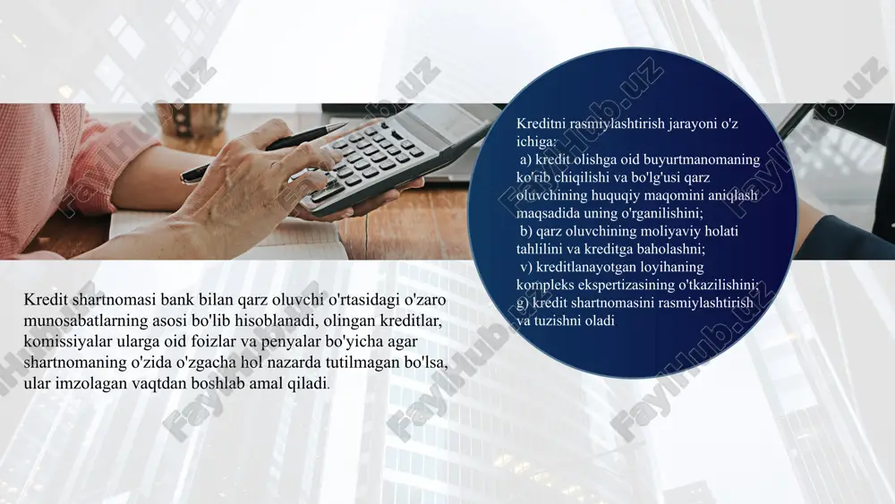 tivlar) tahlil qilib boradi. bu tahlil asosida qarz qaytarish qobiliyatining saqlanib qolayotganiga baho beriladi. 4. ta’minot vositalarini nazorat qilish agar kredit ta’minot evaziga berilgan bo‘lsa (ko‘chmas mulk, transport vositasi va h.k.), bank ushbu ta’minot holatini ham tekshiradi. uning qiymatiga, saqlanishiga e’tibor qaratiladi. 5. risklarni baholash va boshqarish kredit portfelidagi xavflarni aniqlash, kreditlar bo‘yicha daromadni yo‘qotmaslik uchun bank o‘z vaqtida ogohlantirish choralarini ko‘radi (penya, foiz stavkasi o‘zgarishi, qayta moliyalashtirish taklifi va h.k.). 6. hisobot va auditlar orqali nazorat ichki audit va tekshiruv bo‘linmalari kredit bo‘limlarining faoliyatini, qarorlar to‘g‘riligini nazorat qiladi. bu orqali korrupsiya yoki noto‘g‘ri qarorlar oldi olinadi. muddatli kreditlardan foydalanish ustidan bank nazorati — bu banklar tomonidan mijozlarga berilgan kredit mablag‘larining to‘g‘ri, maqsadli va o‘z vaqtida qaytarilishini ta’minlash maqsadida amalga oshiriladigan monitoring va nazorat tizimidir. quyida bu nazoratning asosiy jihatlari keltirilgan: e’tiboringiz uchun rahmat image1.jpeg image2.png image3.svg image4.jpeg image5.png image6.svg image7.jpeg image8.jpeg image9.jpeg image10.jpeg image11.jpeg image12.jpeg image13.jpeg image14.jpeg image15.jpeg image16.jpeg …