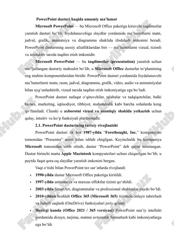 mumkin. shuningdek, slaydlar orasida transition effects yordamida silliq o‘tishlar yaratiladi. 6. interaktivlik: powerpointda hyperlink, action button yoki trigger vositalari yordamida interaktiv taqdimotlar yaratish, ya’ni foydalanuvchi tugma bosishi orqali turli slaydlarga o‘tish, video qo‘shish yoki test tizimi yaratish mumkin. 7. hamkorlik va bulutli ishlash: powerpointning zamonaviy versiyalari (xususan microsoft 365) bir nechta foydalanuvchilarga bir vaqtning o‘zida onlayn tahrirlash imkonini beradi. taqdimotlar onedrive yoki sharepoint orqali saqlanadi. 2.3. powerpoint interfeysi va uning asosiy qismlari powerpoint dasturining interfeysi foydalanuvchiga qulay tarzda ishlab chiqilgan bo‘lib, u quyidagi asosiy qismlardan iborat: · title bar (sarlavha paneli): hozirda ochilgan fayl nomi ko‘rsatiladi. · ribbon (lenta): asosiy buyruqlar joylashgan menyu (home, insert, design, animations, slide show, review, view). · slides pane (slaydlar paneli): chap tomonda slaydlarning ketma-ket ro‘yxati joylashgan. · slide workspace (ishchi maydon): markaziy qismda tanlangan slayd tahrirlanadi. · notes pane (izohlar maydoni): pastki qismda slaydga qo‘shimcha izohlar kiritiladi. · status bar (holat paneli): slayd raqami, …