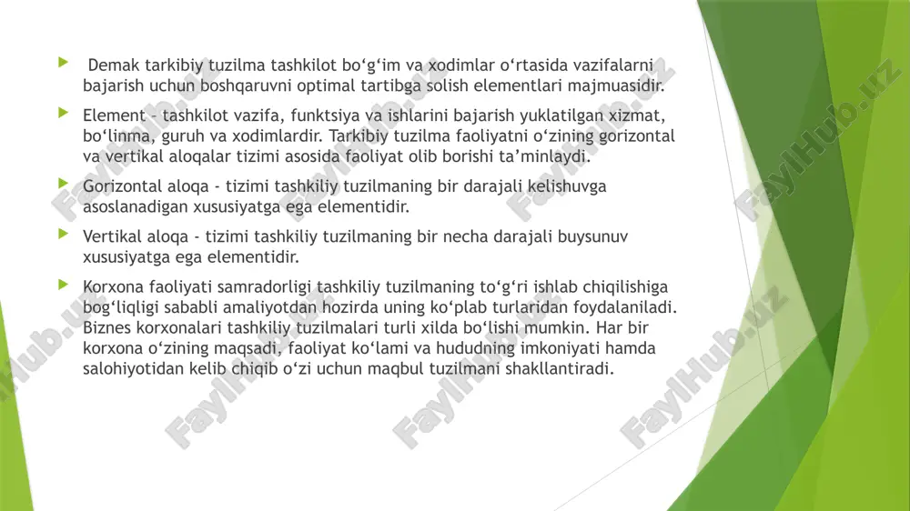 ng afzalliklari va kamchiliklarini quyidagi jadvalda ko‘rish mumkin funktsional boshqaruv tashkiliy tuzilma afzallik va kamchiliklari afzalliklar 1.imkoniyatning kengayadi. 2.rahbar ish hajmining kamayadi. 3.bo‘lim rahbarlarining mas’uliyati oshadi. 4.ijrochilar faoliyati ustidan nazoratning kuchayadi. kamchiliklar 1.rahbarda tezkorlik bilan qaror qabul qilish imkoniyati pasayadi. 2.axborot almashish jarayoni uzayadi. 3.funktsiyalar bo‘limlari faoliyati kooperatsiyasi qiyinlashadi. chiziqli - funktsional boshqaruv tuzilmasida vazifalar taqsimoti shaxmat usulida funtsional bo‘linmalar bo‘yicha taqsimlanadi. har bir tuzilmaning yuqoridan-quyigacha ierarxik tizimi yaratiladi va ular uchun bajarishi zarur bo‘lgan ko‘rsatkichlar tizimi belgilab qo‘yiladi. ushbu tuzilmada ijobiy natijaga erishgan xodimlar motivatsiyaga alohida e’tibor beriladi. ichki va tashqi bozorda faoliyat yurituvchi korxonalar uchun ushbu boshqaruv tuzilmasi yaxshi samara beruvchi hisoblanadi. ushbu tashkiliy tuzilmaning qulayliklari va o‘ziga xos kamchiliklari ham mavjud. chiziqli - funktsional boshqaruv tashkiliy tuzilma afzallik va kamchiliklari afzalliklar 1.imkoniyatning kengayadi. 2.rahbar ish hajmi ko‘payadi. 3.bo‘lim rahbarlarining mas’uliyati oshadi. 4.ishlab chiqarish ustidan nazorat kuchayadi. 5.ijrochi nazorat kuchayadi. kamchiliklar 1.rahbarda tezkorlik bilan qaror qabul qilish imkoniyati …