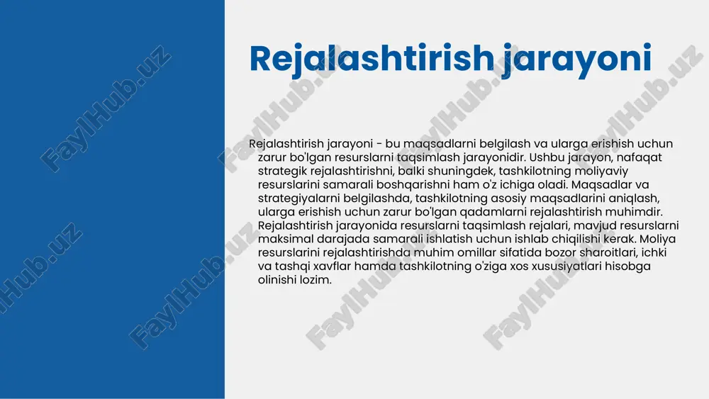 iy resurslarni boshqarish ta'rifi: aksiyadorlik jamiyatlarida moliyaviy resurslarni boshqarish, kompaniyaning moliyaviy resurslarini samarali va maqsadli ravishda boshqarish jarayonidir. bu jarayon moliya oqimlarini nazorat qilish, sarmoyalarni jalb qilish va moliyaviy barqarorlikni ta'minlashga qaratilgan. 2. moliyaviy resurslar turlari: aksiyadorlik jamiyatlarida uchta asosiy moliyaviy resurs turi mavjud: o'z kapital, qabul qilingan qarzlar va moliyaviy aktivlar. o'z kapital aksiyadorlar tomonidan kiritilgan mablag'lardan iborat bo'lsa, qarzlar kompaniya tomonidan olingan kreditlar va obligatsiyalar orqali shakllanadi. 3. boshqarish tamoyillari: moliyaviy resurslarni boshqarishning asosiy tamoyillari: 1) shaffoflik, 2) samaradorlik va 3) javobgarlik. ushbu tamoyillar kompaniyaning moliyaviy holatini yaxshilash va aksiyadorlar ishonchini oshirishga yordam beradi. 4. muammolar: aksiyadorlik jamiyatlarida moliyaviy resurslarni boshqarishda mavjud muammolar: 1) moliyaviy resurslarning yetishmovchiligi, 2) qarz yukining ortishi va 3) investitsiya qilishda noaniqliklar. ushbu muammolar kompaniya rivojlanishini sekinlashtirishi mumkin. 5. tavsiyalar: moliyaviy resurslarni samarali boshqarish uchun tavsiyalar: 1) diversifikatsiya qilish, 2) moliyaviy rejalashtirishni kuchaytirish va 3) zamonaviy texnologiyalarni qo'llash. ushbu tavsiyalar kompaniyaning moliyaviy barqarorligini ta'minlash …