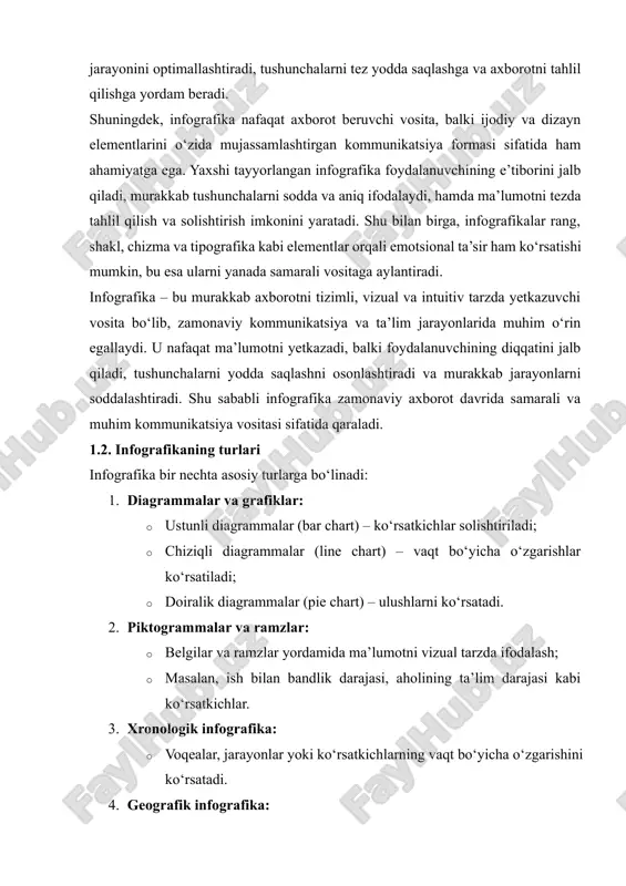 fografikasi: · jarayonlarni yoki ketma-ketlikdagi ma’lumotlarni tushuntiradi; · masalan, ishlab chiqarish zanjiri, moliyaviy oqim yoki investitsiya jarayoni. 1.3. infografikaning ahamiyati infografikaning iqtisodiy, ilmiy va ta’limiy sohalarda ahamiyati juda katta. asosiy jihatlari: 1. murakkab ma’lumotni tushunarli qilish: · iqtisodiy ko‘rsatkichlar, statistik ma’lumotlar yoki moliyaviy raqamlar matn shaklida ifodalansa, ularni tushunish qiyin bo‘lishi mumkin. infografika bu murakkab ma’lumotni vizual elementlar yordamida tushunarli qiladi. 2. tez qabul qilish va eslab qolish: · inson miyasi vizual ma’lumotni matnga qaraganda tezroq qabul qiladi. diagrammalar, ranglar va piktogrammalar auditoriyaga ma’lumotni tez va samarali yetkazadi. 3. ma’lumotlarni tahlil qilish va solishtirish: · infografika yordamida ko‘rsatkichlar orasidagi bog‘liqliklar, farqlar va tendensiyalar oson tushuniladi. masalan, yaim o‘sishi va ish bilan bandlik darajasi orasidagi o‘zaro bog‘liqlikni ko‘rsatish. 4. qaror qabul qilishni qo‘llab-quvvatlash: · vizual tarzda taqdim etilgan ma’lumot rahbarlar va investorlar uchun tezkor va aniq qaror qabul qilish imkonini yaratadi. 5. auditoriyaning e’tiborini jalb qilish: · ranglar, diagrammalar va belgilar …