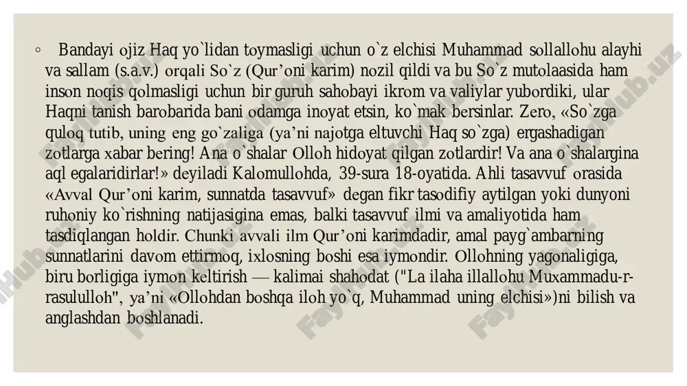 kelish sabablarini tushunish uchun u tug`ilgan jamiyat holatini o`rganish zarur. xulafoi roshidinlardan abu bakr, umardan so`ng usmon davriga kelib, xalifalik tabiati o`zgara boshladi. xalifa usmon vijdon, diyonat (xaya’) ramziga aylangan edi, biroq uning davrida ham ziddiyatlar kuchaydi. usmon va hazrat alining o`ldirilishi vaziyatni keskin o`zgartirdi va hukumat tepasiga umaviy muoviya ibn abu sufyon (661 yil, kuz) keldi. bu davrdan xalifalik diniygina emas, ta’limiy xarakter kasb eta boshladi. ayniqsa, hazrat ali va uning avlodlariga bo`lgan shafqatsiz munosabat (imom hasan, imom husaynning o`ldirilishi va bu voqealarni aks ettirgan jahonotin uvaysiy dostonlarini eslash mumkin) vaziyatni yana ham keskinlashtirdi. ◦ ◦ xalifa usmon davridayoq sahobalar tomonidan hadislar to`plana boshladi. hadislarda ham tasavvufiy mazmun aks etgan edi. qur’oni karimni yozib olishga harakat bo`ldi, kalomullohning ko`fiy yozuvi bilan teriga yozilishi shundan kelib chiqdi. hofizlar (qur’onni qiroat bilan — tajvidga amal qilgan holda o`quvchilar) va qorilar (qur’onni yoddan biluvchilar)ning kamayishi voqealarning tezlashishiga sabab bo`ldi. ikkinchidan, nafaqat xalifa …