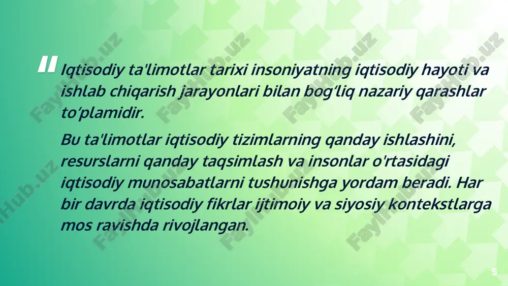 siyosat, etika, biologiya hamda zoologiyaga oid ishlar yozib qoldirgan. • u pulning roli haqida, iqtisodiy munosabatlarning turli shakallari haqida yozgan. • aristotel bozor mexanizmlari, talab va taklif haqida fikr yuritgan. • u tabiiy haqiqqat va adolatli iqtisodiy munosabatlar haqida fikr yuritgan. 22 23 qadimgi iqtisodiy davr: mashhur shaxslar va ularning iqtisodiy qarashlari . miloddan avvalgi 3000 yil - milodiy v asr. qadimgi gretsiya ▎3. ksenofont (miloddan avvalgi 430-354) • asosiy asar: "oikonomik" • iqtisodiy qarashlari: • oila va xo‘jalikni boshqarish nazariyasi. • iqtisodiy samaradorlik va resurslarni oqilona boshqarish. • oila va davlat o‘rtasidagi iqtisodiy aloqalar. • natija: ksenofont o‘z asarlarida shaxsiy mulk va xo‘jalik faoliyatining ahamiyatini ta'kidlagan. 24 ksenofont (miloddan avvalgi 430-354) qadimgi yunon tarixchisi va davlat arbobi. afinada boy oilada tugʻilgan, suqrotning shogirdi. miloddan avvalgi 401 yil eron taxti daʼvogari kichik kirning bobilga yurishida qatvashgan. kir halok boʻlgach, kichik osiyo, qora dengiz sohillariga chekivayotgan 10000 kishilik yunon qoʻshiniga rahbarlik …