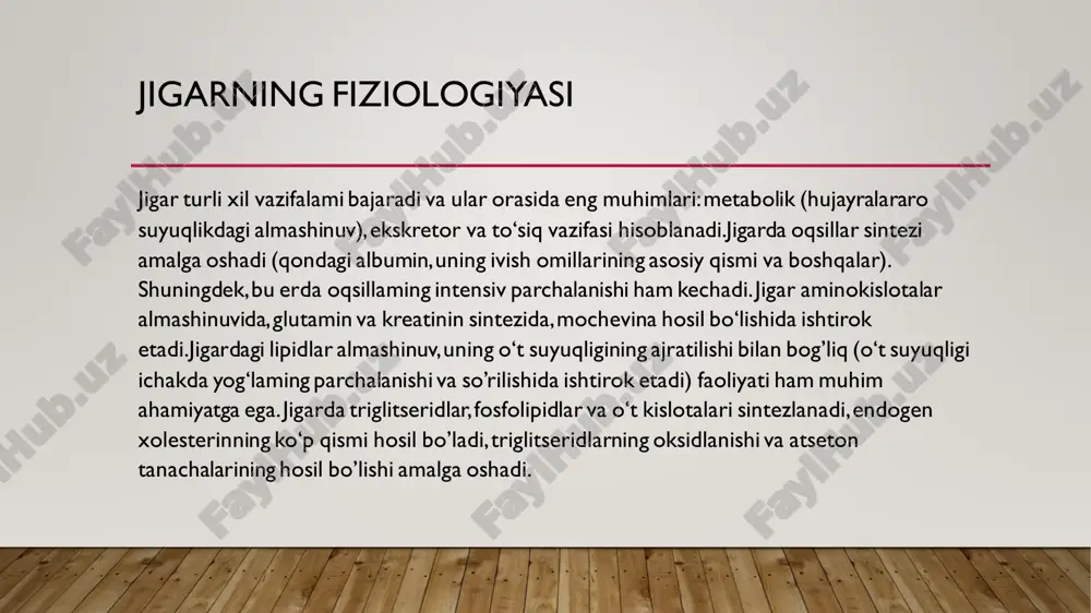 ish yo’llari kasalliklari, ko’p hollarda turli xil nerv – reflektor va gumoral buzilishlar bilan kechadi va ular alohida klinik sindromlarga birlishtirilgan. isitmalash isitmalash o’t pufagi va o’t yo’llarining o’tkir yallig’lanish kasalliklarida, jigar absessida, rakida, gepatitda va sirrozning faol davrida kuzatiladi. ko’zdan kechirish bemomi ko’zdan kechirishda birinchi navbatda uning umumiy ahvoliga e’tibor beriladi. jigaming turli etiologiyali yaqqol funksional yetishmovchiliklarida (jigar sirrozi, rak, uzoq muddatli mexanik sariqlik va boshqalar) bemomi umumiy ahvoli juda og’ir – yaqqol intoksikatsiyadan, jigar komasigacha bo’lishi mumkin. o’tkir yallig’lanish kasalliklari – jigar absessi, o’tkir xolesistit, o’tkir xolangitda ham bemorda og’ir holat kuzatiladi. biroq jigaming va o’t yo’llarining qator surunkali kasalliklarida bemor ahvoli uzoq muddat qoniqarli qolishi mumkin. jigar sanchig’ida bemorlar tinch yota olmaydilar, og’riqlami kamaytirish uchun turli holatga o’tib ko’radilar. es-hushning buzilishi, keskin eyforiya yoki uning to’liq yo’qolishi jigar komasida kuzatiladi. jigar kasalliklariga chalingan bemorlami umumiy ko’rik vaqtida tana vaznining kamayganligini aniqlash (kaxeksiyagacha) jigaming og’ir zararlanishi belgisi hisoblanadi. …