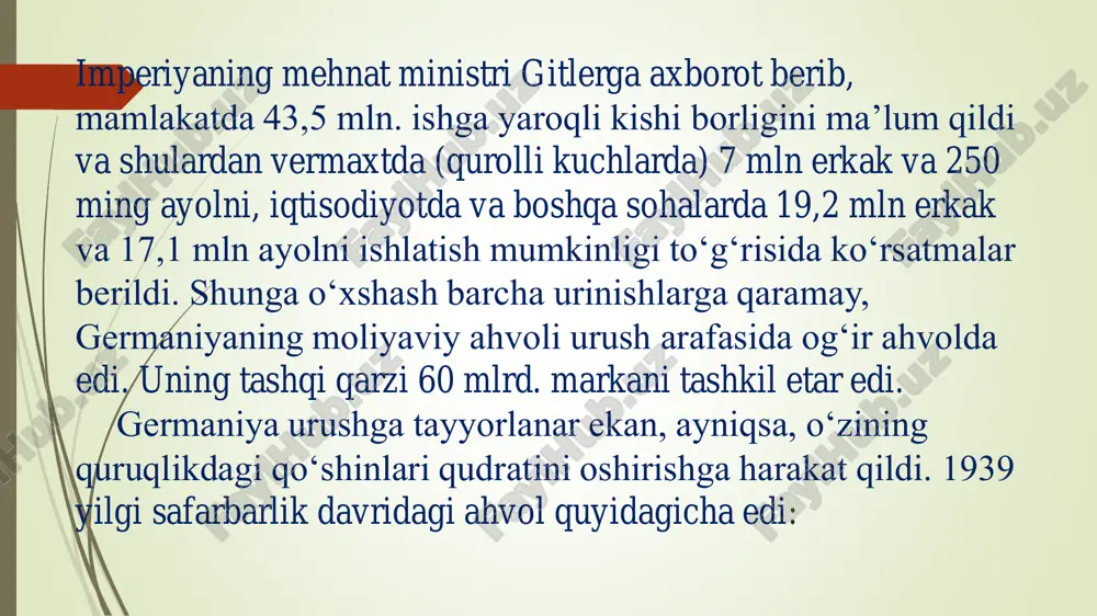 shoshilmadi.  1940 yil aprel-mayida germaniya shimoliy va g‘arbiy yevropada shiddatli operatsiyalarini boshlab yubordi.  1940 yil 9 aprelda «vezeryubung» operatsiyasi boshlandi, biroq qo‘shinlari qarshilikka duch kelmay mamlakat ichkariga shiddat bilan kirib bora boshladi. shu bilan bir vaqtda nemislarning dengiz desanti zeyeland, fyunen va falster orollariga tushirildi.  daniya qiroli kristian x tomonidan chaqirilgan kengashda nemislarga qarshilik ko‘rsatmaslik va taslim bo‘lish haqidagi qaror qabul qilindi. daniya qisqa vaqt ichida taslim bo‘ldi, biroq norvegiya qarshilik ko‘rsatishni davom ettirdi. skandinaviya yarim orolining bosib olinishi natijasida nemislar juda muhim strategik punktga ega bo‘lishini anglagan angliya va fransiya qo‘shinlari harakatga kela boshladilar. 14 aprelda 24 ingliz piyoda brigadasi narvikka kelib tushdi. sssrga qarshi urushning boshlanishi va dastlabki talofatlar sabablari.  sovet-german fronti 11-jahon urushining hal qiluvchi fronti bo‘lib qoldi. 1942 yil noyabrida gitler germaniyasining va uning sheriklarining sovet-german frontidagi diviziyalari soni 268 ta, 1943 yil avgust-sentabrida 230 ta edi. 1943 yil avgustida gitler germaniyasining …