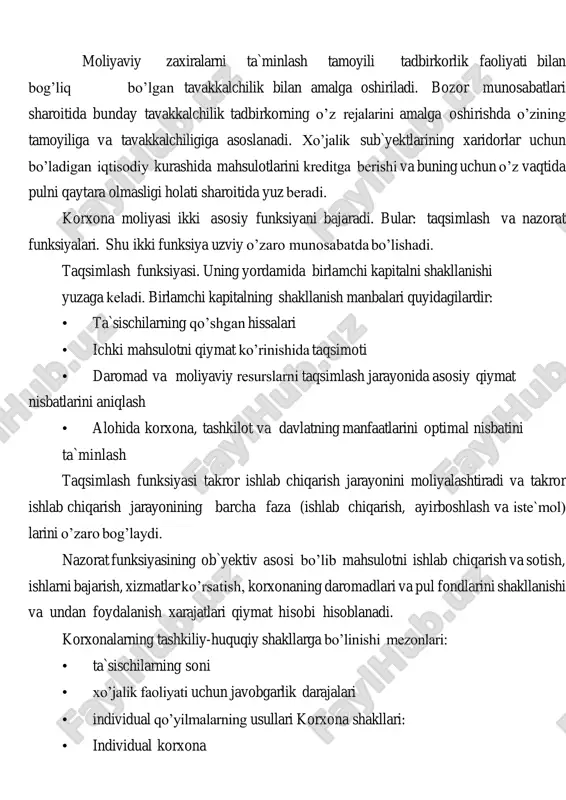 ar. asosiy mablag’lar – bu mehnat vositasiga tegishli moddiy-ashyoviy boyliklarga sarflangan mablag’lardir. korxonalarning asosiy vositalarga qo’yilmalari samaradorligini, ulardan foydalanish va takror ishlab chiqarishni tahlil etishda quyidagi holatlarga e`tiborni qaratish zarur: asosiy vositalarning funksional foydalilik darajasi bir necha yil davomida saqlanadi, shu sababdan ularni sotib olish va ulardan foydalanish xarajatlari ma`lum bir davrlarga taqsimlangandir; asosiy vositalarning jismoniy jihatdan almashtirilishi (yangilanishi) davri uning qiymat jihatdan almashtirilishi davriga mos kelmaydi, natijada korxona faoliyati natijalarini pasaytiruvchi yo’qotishlar va zararlar yuzaga kelishi mumkin. asosiy vositalardan foydalanishning moliyaviy ko’rsatkichlari quyidagicha guruhlanadi: • asosiy vositalarning hajmi, tarkibi va dinamikasi ko’rsatkichlari • asosiy vositalarni takror ishlab chiqarilishi va aylanishi ko’rsatkichlari • asosiy vositalardan foydalanish ko’rsatkichlari • asosiy vositalarni saqlash va ishlatishga xarajatlar samaradorligi ko’rsatkichlari korxonaning aylanma kapitali doiraviy aylanishning barcha bosqichlarida mablag’larni uzluksiz harakatini ta`minlaydi, natijada ishlab chiqarishning pul va moliyaviy resurslardagi ehtiyojlarini qondiradi, to’lovlarni o’z vaqtida va to’liq amalga oshirilishini ta`minlaydi. aylanma mablag’larni moliyalashtirishning barcha manbalari shaxsiy, …