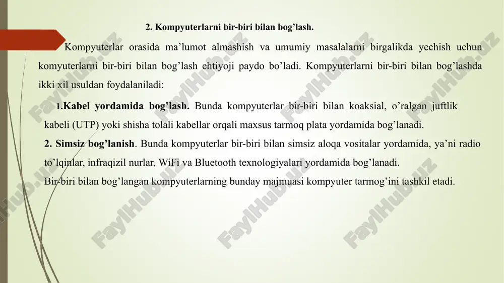 bir foydalanuvchi tarmoq asoslarini bilishi va undan to‘g‘ri foydalanishni o‘rganishi zarur. ma’lumotlarni tez almashish imkonini beradi.resurslardan (printer, fayl, internet) birgalikda foydalanish.onlayn ta’lim, elektron hukumat va masofaviy ish imkoniyatlarini yaratadi. e’tiboringiz uchun rahmat image1.png image2.png image3.png image4.png image5.png image6.png image7.png image8.png image9.png image10.png image11.png image12.png image13.png image14.png