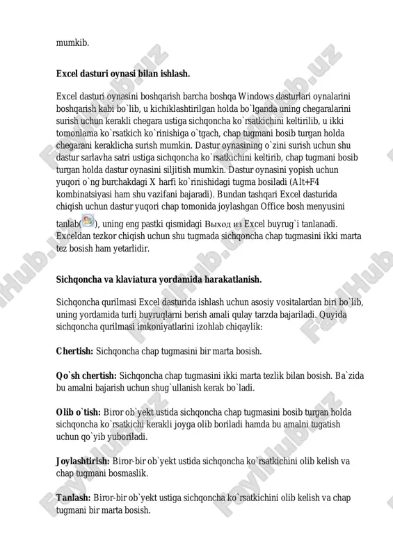 ish. excel 2007 da yangilik kerakli ob`yet ustida sichqoncha o`ng tugmasini bosilganda kontekst menyu hosil bo`ladi va bu menyuda shu ob`yektgagina tegishli bo`lgan buyruqlar aks ettiriladi. excelda ishlashni osonlashtirish maqsadida biror-bir ob`yektning kontekst menyusini chaqirilganda shu ob`yekt bilan bajarilishi mumkin bo`lgan amallar tugmalari to`plami (mini-panel) ham hosil bo`ladi va bulardan kerakli amalni tezkor bajarish uchun foydalanish mumkin. lekin barcha foydalanuvchilar ham barcha amallarni faqtgina sichqoncha yordamida bajarishni ma`qul ko`rishmaydi. faqatgina klaviaturadan yoki klaviatura hamda sichqonchadan birgalikda foydalanishni xush ko`ruvchilar uchun quyidagi imkoniyatlar mavjud:  tezkor tugmalar kombinatsiyalari  klaviatura yordamida harakatlanish va boshqarish.  tugmalar yordamchi ma`lumotlari ushbu imkoniyatlar haqida keyingi boblarda so`z yuritiladi. tezkor tugmalar kombinatsiyalari deb bir yoki bir nechta tugmalarni bosish orqali chaqiriladigan amallar buyruqlariga aytiladi hamda ularning ko`pchiliklari ctrl tugmasi bilan birgalikda bajariladi. ularni eslab qolish oson bo`lishi maqsadida ko`pgina kombinatsiyalar ularning ingliz tilidagi atamalariga mos holda mos harflarga bog`lab qo`yilgan. masalan chop etish oynasini chaqirish …