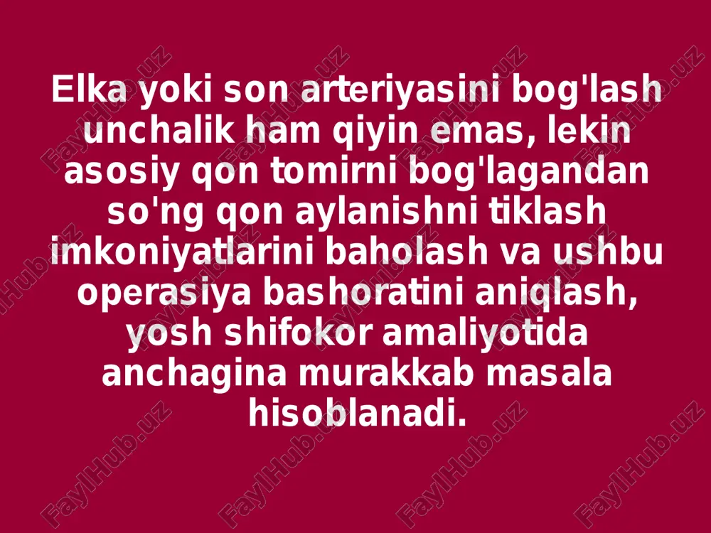 sh (diametri 2/3 dan ko'p shikastlanganda). qo'l bilan qo'yiladigan tomir choklari  i guruh – karrel, morozova, polyansev – chekka, o'rab oluvchi choklar.  ii guruh – baxyali (sapojnikov), uzlukli va uzluksiz p-simon (littman), matras (brian va merfi) va ikki qavatli choklar – chekka, ag'daruvchi choklar.  iii guruh – merfi, krivchikov (bitta manjetkali), danis, solovev (ikki manjetkali) invaginasion choklar.  iv guruh – blelok va meshalkin (tomirning orqa devoriga qo'yiladigan) choklari.  v guruh – so'riluvchi alloplantlar yordamida anastomozlarni mustahkamlash. karrel choki. morozova choki. morozova choki. i guruh ii guruh sapojnikov choki (baxyali). littman choki (p-simon). brian va merfi choki (matras). iii guruh solovyov choki. krivchikov choki. iv guruh blelok choki. moslama va protezlar bilan bajariladigan tomir choklari payr protezi yordamida tomir oxirlarini birlashtirish donetskiy halqasi (1956). tomir chokini germetizasiyalash xenkin usulida tomir chokini germetizasiyalash tomirga mexanik usul bilan chok qo'yish i.p.gudovning maxsus apparati (1947) – tomirni tikuvchi apparat. …