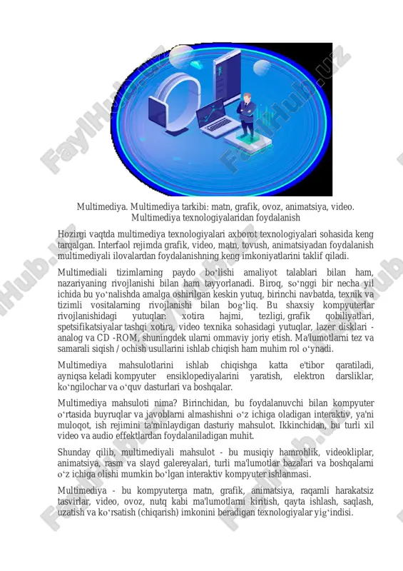 o‘z ichiga olishi mumkin bo‘lgan interaktiv kompyuter ishlanmasi. multimediya - bu kompyuterga matn, grafik, animatsiya, raqamli harakatsiz tasvirlar, video, ovoz, nutq kabi ma'lumotlarni kiritish, qayta ishlash, saqlash, uzatish va ko‘rsatish (chiqarish) imkonini beradigan texnologiyalar yig‘indisi. https://flypods.ru/uz/rukovodstvo-po-ekspluatacii-samsung-a5-ekran-graficheskie-vozmozhnosti/ https://flypods.ru/uz/dvizhenie-vverh-skachat-na-vneshnyuyu-kartu-pamyati-skachat-programmu/ https://flypods.ru/uz/trenirovka-programmirovaniya-onlain-obzor-luchshih-servisov-dlya-izucheniya/ tugmani bosib, kompyuter foydalanuvchisi ekranni matn bilan to‘ldirishi mumkin; ikkinchisini bosganingizda, u matnli ma'lumotlar bilan bog‘liq video ma'lumotni chiqaradi; keyingi tugmani bosganingizda, musiqiy asar ijro etiladi. masalan, kanada bo‘ylab ommaviy, shaxsiy va tijorat aloqa xizmatlarini ko‘rsatuvchi bell canada telefon tarmog‘idagi muammolarni bartaraf etish va hal qilish uchun multimediyadan foydalanadi. maxsus dasturlar texnik yordam bo‘limlari xodimlari va tahlilchilar foydalanishi uchun taqdim etilgan uskunalarni ta'mirlash bo‘yicha minglab skanerdan o‘tgan qo‘llanmalarni o‘z ichiga oladi. har bir multimediya ish stantsiyasi tarmoq diagrammasining istalgan qismini ko‘rsatishi mumkin. nosozlik aniqlanganda, ovozli signal va voqea sodir bo‘lgan joy ko‘rsatiladi. shuningdek, tizim elektron pochta yoki faks orqali barcha kerakli ma'lumotlarni saytga boradigan ta'mirlash guruhiga yuborishi mumkin. ovozli yo‘l -yo‘riq tizimi …
