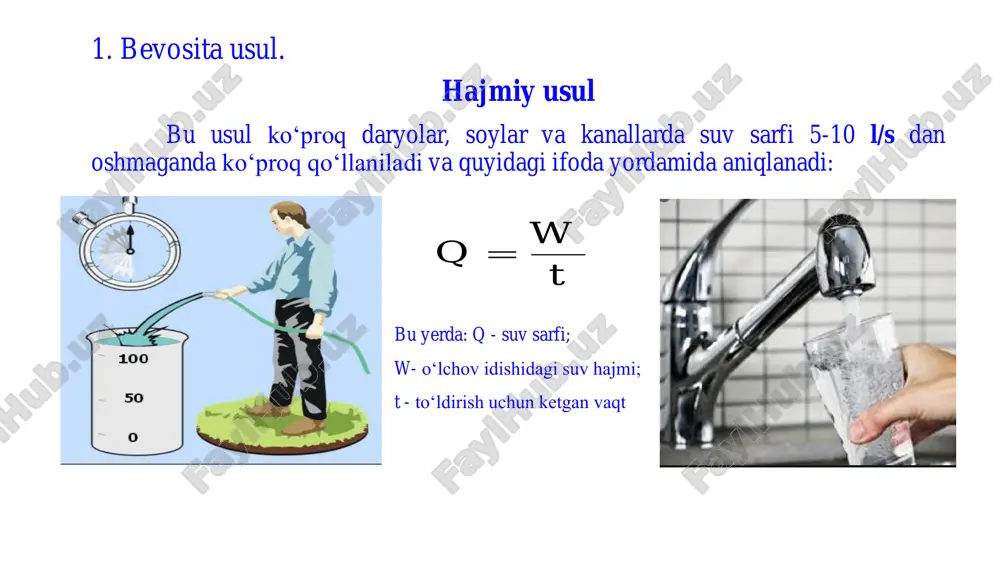 jonli kesma bo'yicha o'rtacha tezlikni to‘g‘ridan to‘g‘ri aniqlash mumkin. vertikaldagi o'rtacha tezlikni integratsion usul bilan aniqlashda gidrometrik parrak asta-sekin suv yuzasidan o'zan tubiga tushiriladi. shu vaqt davomida qayd etilgan signallar soni sanab boriladi. gidrometrik parrakni tushirish tezligi uni ko‘tarish tezligiga teng bo’lishi kerak suv sarfi haqidagi ma’lumotlar muhim ahamiyati qishloq va suv xo’jaligida gidrotexnik inshootlarni loyihalash, qurish va ekspluatatsiya qilishda suv sarfi haqidagi ma’lumotlar quyidagilarda muhim ahamiyatga ega xarakterli suv sarflari o’lchashlar natijasida uning o’rtacha kunlik, o’rtacha oylik, o’rtacha yillik, o’rtacha ko’p yillik hamda eng yuqori va eng kichik qiymatlari aniqlanadi. bu kattaliklar bir nom bilan xarakterli suv sarflari deb ataladi. 0 20 40 60 80 100 120 140 1981 1983 1985 1987 1989 1991 1993 1995 1997 1999 2001 2003 2005 2007 2009 2011 2013 q, m3/s y i l l a r sho'rchi j.surhon suv ombori to'g'onidan quyida oqim hajmi tushunchasi ma’lum vaqt davomidagi suv sarflarining o’rtacha qiymatlari …