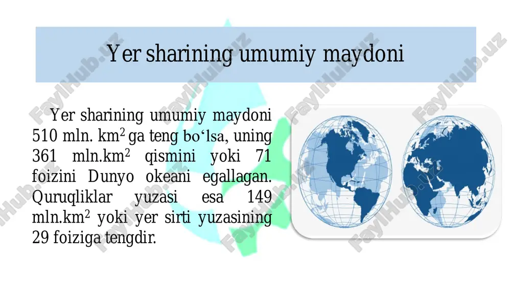 ing maydoni;  daryo havzasining uzunligi;  daryo havzasining kengligi;  daryo havzasining simmetriklik darajasi;  daryo havzasining o‘rtacha balandligi;  daryo havzasining o‘rtacha nishabligi. daryo havzasining maydoni daryo havzasining maydoni (f) ni aniqlash uchun dastlab, u kartada suvayirg‘ich chiziqlari bilan chegaralab olinadi. so‘ng, masshtab hisobga olingan holda, planimetr yoki o‘lchov katakchalari (paletka) yordamida uning maydoni aniqlanadi. o‘lcham birligi - km2. daryo havzasining uzunligi daryo havzasining uzunligi (lh) daryoning quyilish joyidan suvayirg‘ich chizig‘ida eng uzoqda joylashgan nuqtagacha bo‘lgan masofani tutashtiruvchi to‘g‘ri chiziqning km da aniqlangan uzunligiga tengdir. daryo havzasining eng katta (vmax) va o‘rtacha (vo‘rt) kengliklari bir-biridan farq qiladi. havzaning eng katta kengligi va o‘rtacha kengligi havzaning eng katta kengligi daryo havzasining eng keng joyidan havza uzunligini ifodalaydigan chiziqqa nisbatan o‘tkazilgan perpendikulyarning uzunligidan iborat. havzaning o‘rtacha kengligi esa quyidagi ifoda yordamida hisoblab topiladi: . x rt l f o' daryo havzasining simmetriklik darajasi daryo havzasining simmetriklik darajasi bosh daryoga nisbatan …