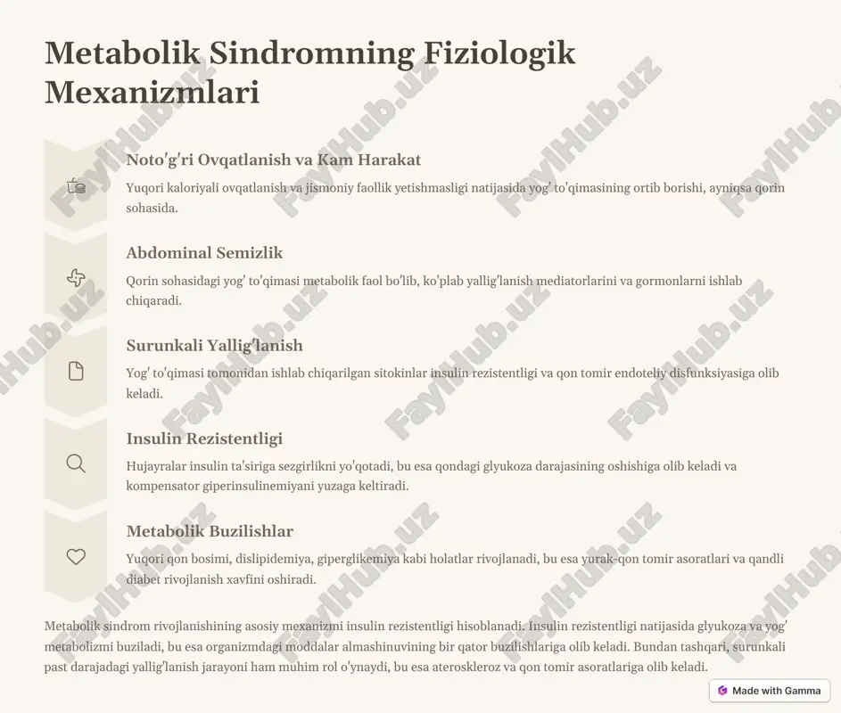 tlanish, jismoniy faollik va vazn yo'qotish metabolik sindrom komponentlarini yaxshilashda eng samarali usullar hisoblanadi. o'rta dengiz diyetasi (ko'p miqdorda meva-sabzavotlar, baliq, zeytun moyi, yong'oqlar) ko'plab tadqiqotlarda o'z samarasini ko'rsatgan. agar hayot tarzini o'zgartirish yetarli bo'lmasa, alohida komponentlarni davolash uchun dori terapiyasi qo'llaniladi: gipertoniya uchun antihipertenziv preparatlar, dislipidemiya uchun statinlar, giperglikemiya uchun metformin va boshqalar. metabolik sindromni davolashda individual yondashuv muhim, chunki har bir bemorning o'ziga xos xususiyatlari va ehtiyojlari mavjud. https://gamma.app/?utm_source=made-with-gamma metabolik sindromning asoratlari va uning salomatlikka ta'siri yurak-qon tomir kasalliklari koronar yurak kasalligi miokard infarkti miya insulti yurak yetishmovchiligi 2-turdagi qandli diabet mikrovaskulyar asoratlar nefropatiya retinopatiya neyropatiya jigar kasalliklari nospetsifik yog'li jigar kasalligi steatogepatit jigar tsirrozi metabolik sindrom bir qator jiddiy kasalliklar rivojlanish xavfini sezilarli darajada oshiradi. eng xavflisi 4 yurak-qon tomir kasalliklari bo'lib, ular o'lim holatlarining asosiy sabablaridan biri hisoblanadi. metabolik sindromli bemorlarda yurak-qon tomir kasalliklari rivojlanish xavfi 2-3 barobar yuqori. 2-turdagi qandli diabet rivojlanish xavfi ham 5 …