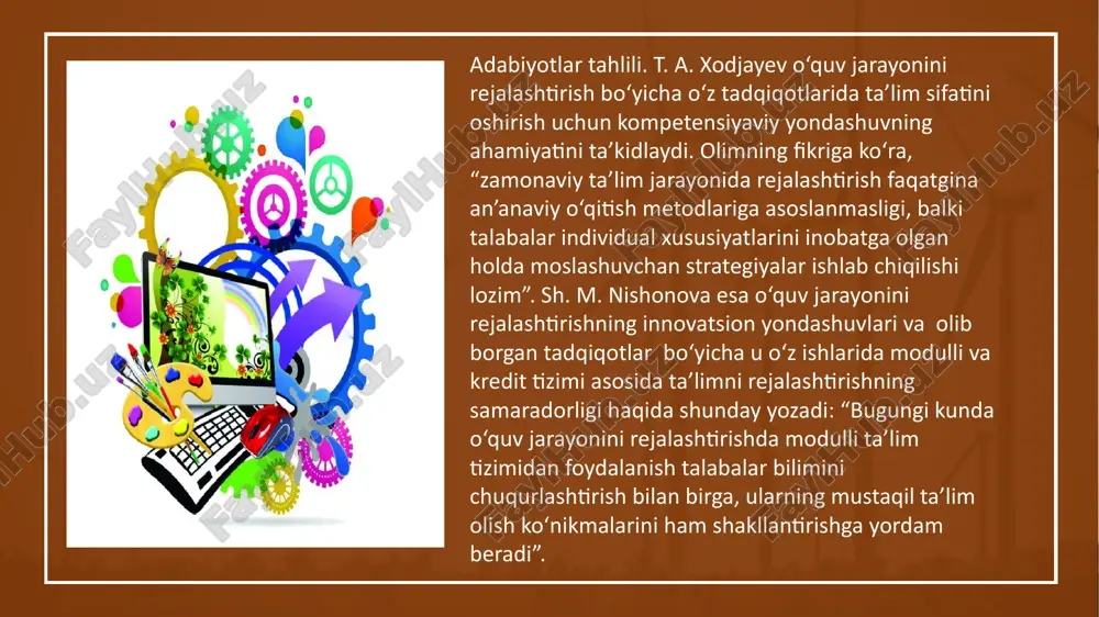 a hisoblanib zamonaviy ta’lim sharoitida an’anaviy va innovatsion metodlarni birlashtirish orqali ta’lim sifati oshirilishi, o‘quvchilarning mustaqil va tanqidiy fikrlash qobiliyatlari rivojlantirilishi mumkin xulosa. o‘quv jarayonini rejalashtirishda interfaol usullar, axborot-kommunikatsiya texnologiyalari va masofaviy ta’lim vositalaridan keng foydalanish muhim rol o‘ynaydi. xulosa qiladigan bo‘lsak, ta’lim jarayonini samarali rejalashtirish o‘quvchilarning mustaqil fikrlash, ijodiy yondashish va amaliy bilimlarni qo‘llash qobiliyatlarini rivojlantirishga xizmat qiladi. innovatsion va an’anaviy yondashuvlarning uyg‘unlashuvi esa ta’lim sifatini oshirishning eng samarali usuli hisoblanadi. shu bois, ta’lim jarayonini rejalashtirish doimiy ravishda takomillashtirib borilishi lozim. foydalanilgan adabiyotlar: xodjayev, t. a. ta’lim jarayonini rejalashtirishda kompetensiyaviy yondashuv. toshkent: yangi asr avlodi, 2019. nishonova, sh. m. modulli ta’lim tizimi: nazariya va amaliyot. toshkent: fan, 2021. biggs, john. teaching for quality learning at university: what the student does. 4th ed., open university press, 2011. kolb, david a. experiential learning: experience as the source of learning and development. prentice hall, 1984. jurayeva, zuxra, malika nurullayeva, and muhiba yaxiyaxonova. …