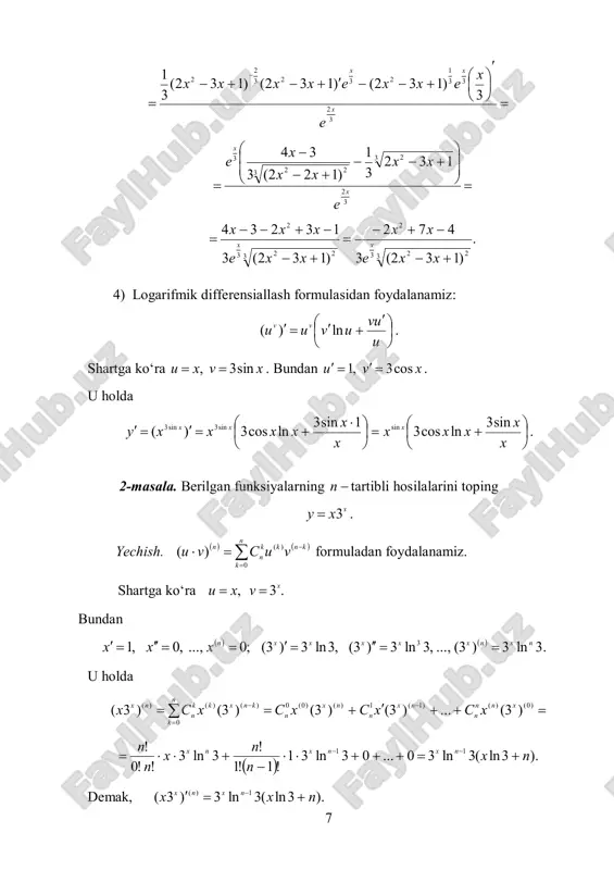        xarctgx x xarctgx 3)                             3 2 33 1 233 1 2 3 3 2 )132()132( 132 x xx x e exxexx e xxy 7           3 2 33 1 2323 2 2 3 )132()132()132( 3 1 x xx e xexxexxxx              3 2 3 2 3 22 3 132 3 1 )122(3 34 x x e xx xx xe     3 223 2 )132(3 13234 xxe xxx x . )132(3 472 3 223 2   xxe xx x 4) logarifmik differensiallash formulasidan foydalanamiz:        …