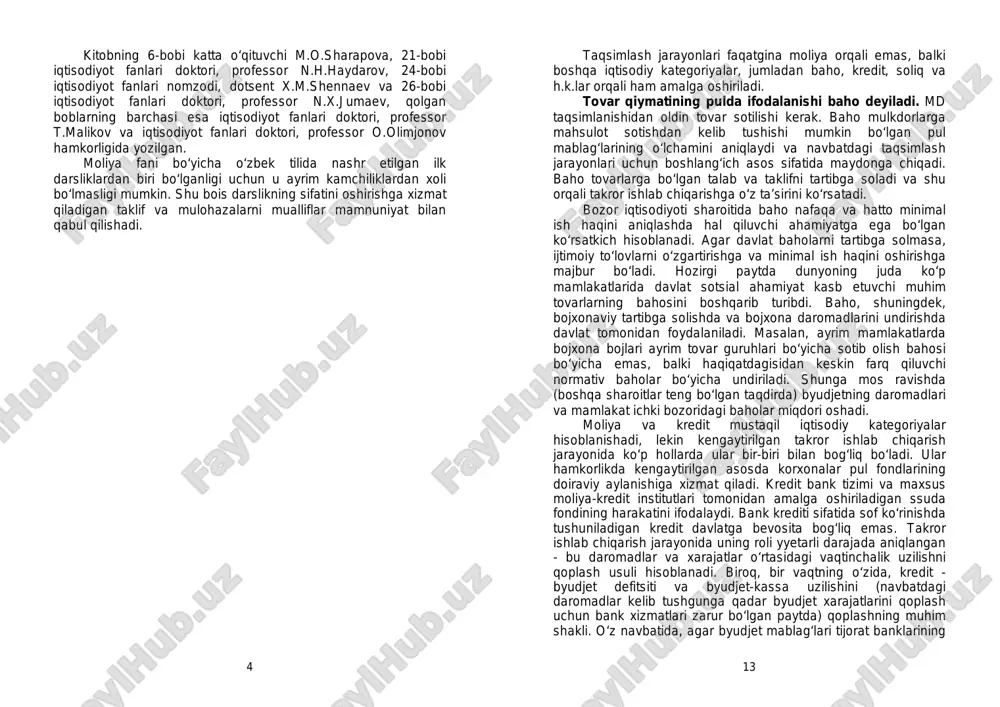 i bajaradi: 1. taqsimlash; 2. nazorat. 3 kirish «moliya» fani iqtisod sohasi uchun mutaxassislar tayyorlash tizimida eng asosiy o‘rinlardan birini egallaydi. mustaqil fan sifatida unga o‘tgan asrning 50-yillarida asos solingan bo‘lib, u o‘sha davrga xos moliya to‘g‘risidagi tasavvurlarga mos bo‘lgan. o‘zbekistonda ham bozor islohotlarining amalga oshirilishi moliya fanining eng muhim nazariy qoidalarini qayta qo‘rib chiqilishini taqozo etdiki, bu narsa hamon o‘quv adabiyotlarida o‘z aksini to‘liq topgani yo‘q. shu boisdan ham, ayrim holatlarda, mamlakat moliyaviy tizimida sodir bo‘layotgan o‘zgarishlarni yyetarli darajada inobatga olmagan holda mashg‘ulotlarni o‘tkazish xavfi mavjud. mazkur darslikda mualliflar moliyaning nazariy masalalariga oid barcha prinsipial o‘zgarishlarni o‘quvchilarning e’tiboriga yetkazishga harakat qilishgan. uning 1-7-boblarida moliyaning umumnazariy masalalari (moliyaning mohiyati va funksiyalari, moliyaviy siyosat, moliyaviy tizim, moliyaviy boshqaruv, moliyaviy rejalashtirish va tartibga solish, moliyaviy nazorat va moliyaviy nazariyalar) yoritilgan. xo‘jalik yurituvchi subyektlar moliyasi davlat moliyaviy salohiyatining asosi, xo‘jalik yurituvchi subyektlarni moliyaviy isloh qilish, ularning moliyaviy resurslari, asosiy va aylanma kapital doiraviy …