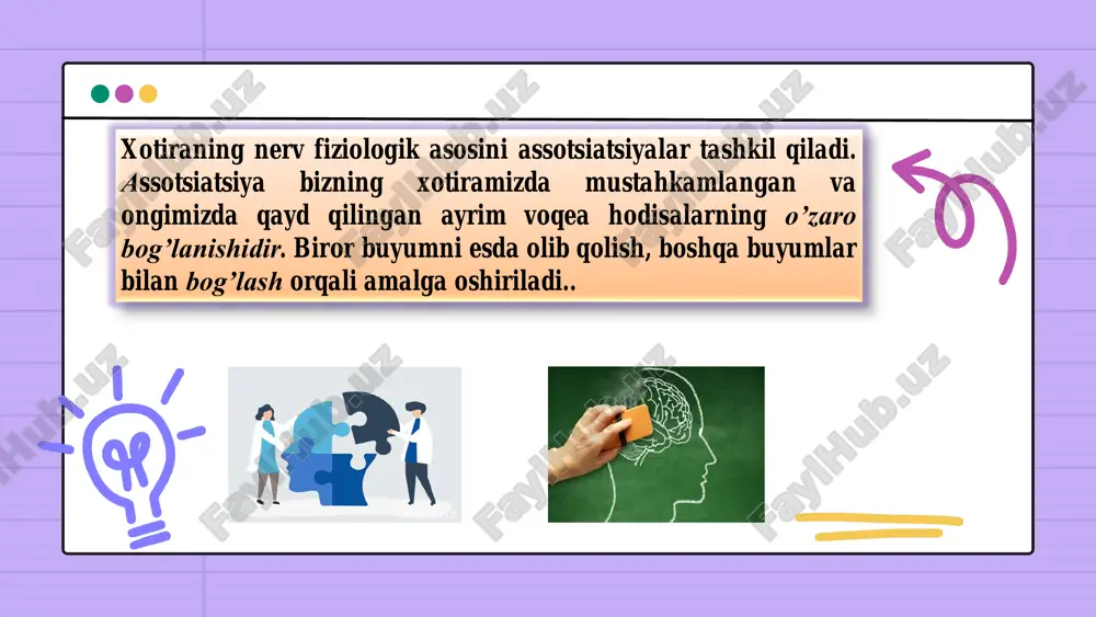 chirish • tamaki maxsulotlarini chekish • alkagolli mahsulotlarini ko‘p istimol qilish • narkotiklarni qabul qilish • bosh miyadagi yoshga bog‘liq o‘zgarishlar • insult • kalla suyagi jaroxatlari (ochiq va yopiq) • qalqonsimon bez kasalliklari • qon tomirlari kasalliklari • yurak kasalliklari sababli miyada qon aylanishi buzulishi. xotirani yaxshilash uchun tabiiy mahsulotlar • baliq-miya hujayralarining uzoq vaqt davomida g’ayrat bilan ishlashi uchun kerak bo’lgan maoddalarga boy. tarkibida fosfor, politiyingan omega-3 yog’ guruhi mavjud bo’lib, u miyaning qon ta’minotini yaxshilaydi. • karam-miya faoliyatini meyorlashtiradi, asab tizimidagi yosh bilan bog’liq muammolarni bartaraf etishga yordam beradi • olma sharbati- tarkibida miya katakchalarini oksedantli stresslardan himoyalaydi. olma va olma sharbati keksalikda aql tiniqligini saqlab qolishga yordam beradi. • yong’oq- domafinga boy mahsulot bo’lib u fikrlash qobiliyatini yuksaltiradi. uning tarkibida litsin moddasi miya faoliyatinin yaxshilaydi va xotirani kuchaydiradi. yong’oq miya qarishini oldini oladi ) ) ) ) ) ) ) ) ) ) ) ) ) …