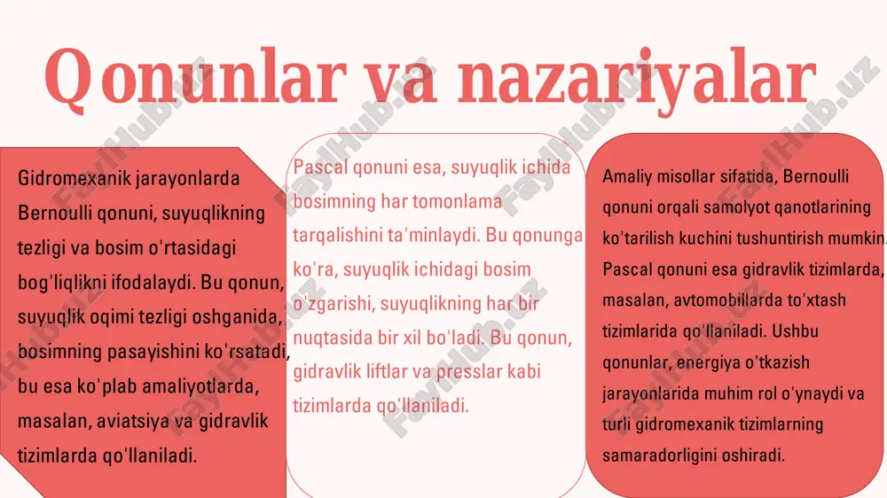 igini oshirish va jarayonlarni yanada samarali boshqarish imkonini beradi. harakatlantiruvchi kuchlar • gidromexanik jarayonlar suv va boshqa suyuqliklarning harakati bilan bog‘liq bo‘lib, ular energiya o‘tkazish va transformatsiya qilish jarayonlarida muhim rol o‘ynaydi. harakatlantiruvchi kuchlar, masalan, bosim, gravitatsiya va boshqa mexanik kuchlar, gidromexanik tizimlarda energiya uzatish va o‘zgarishlar uchun zarurdir. • 1. gidromexanik jarayonlarning turlari: • - suvning oqimi • - suyuqliklarni bosim bilan harakatlantirish • - suyuq va gazlar orasidagi o‘zaro ta'sirlar • 2. harakatlantiruvchi kuchlar energiya bilan bog‘liq: • - energiya manbalari va ularning gidromexanik jarayonlardagi roli. • - energiya va kuchlar o'rtasidagi bog'liqlik, masalan, ish va kuchning o'zaro aloqasi. • ushbu jarayonlar va kuchlar energiya o‘tkazish, transformatsiya qilish va mexanik ishlarni bajarishda muhim ahamiyatga ega. • misol: gidromexanik qurilmalarda, masalan, gidroelektr stansiyalarida, suvning harakati orqali energiya ishlab chiqariladi. bu yerda suvning bosimi va oqimi harakatlantiruvchi kuch sifatida ishlatiladi. harakatlantiruvchi kuchlarning formulalari nuyutonning ikkinchi qonuni harakatlantiruvchi kuchning massaga ko'paytmasi …