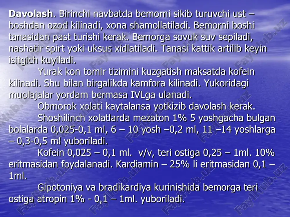 oretseptor stimulyatsiya kiladi. dubatomin infuziya tezligi 2 – 20 mkg/kg minut chap korincha buzilishini kamaytiradi. adnenalin 4 – 8 250 ml. 5% glyukoza 0,02 – 0,2 mkg/kg/min ogir yurak yetishmovchiligida. noradnenalin 8 – 16 mg. 5% glyukoza 0,02 – 0,2 mkg/kg/min. izoprenalin 1 mg – 250 ml. 5% glyukoza kushib, 0,01 – 0,1 mkg/kg/min tezlikda yuboriladi. amrinon 6,75 mg/kg v/i 2 – 3 minut. 5 – 10 mkg/kg/min. • digoksin 0,5 mg v/i, sung 0,25 mg. v/i xar 4 – 6 soatda. bir kunlik dozasi 1 – 1,5 mg bulish kerak. kardiogen shokda: kislorod ingolyatsiyasi kanyulyada burun orkali beriladi. kukrak kafasidagi ogriklarni koldirish maksadida: morfin 1 – 4 mg. vena ichiga xar 1 – 2 soatda. nitroglitserin vena ichiga, boshlangich doza 5 mkg/min. upka shishida diuretik buyuriladi, furosemid 20 – 80 mg. vena ichiga. yurak ritmi buzilganda lidokain 1 mg/kg v/i infuziya – 1 – 2 mg/min.