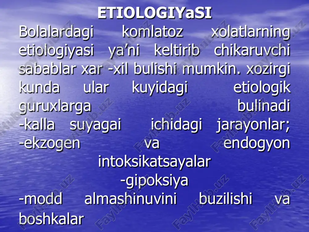 huvcha komalar turkumiga kirib kuyidagi uzaga xos klinik belgilarga ega: kand kasaligi bilan kasalangan bemorlarda uchraydi; komani kelib chikishida tan jaroxatlari, ruxiy va jismoniy tolikish xamda ikkilamchi infeksiyalarni kushilishi turtki buladi; klinik belgalar atsidoz va eksikozni darajasiga boglik buladi; ogzi kurib, tez chankaydi; vakti-vakti bilan kayt kiladi va ovkatini kurganda kungli ayniydi bexol, bezovta, ozib ketadi asosiy belgilaridan biri poliuriya (tez-tez siyish). ogzidan atseton xidi keladi va lokal nevrologik simptomlar kuzatilmaydi laboratorno;-giperglikemiya, giperketonemiya ,polidipsiya, giperstenuriya, siydikda kand va atseton kup mikdorda chika boshlaydi; davolash va tashxislash uchun kullaniiladigan muolajalardan biri bu "insulinoterapiya". bu maksadda bemorga 1-2 yed/kg mikdorda insulin yuboriladi, agar xakikatda diabetik koma bulsa bemorni axvoli yengillashadi. gipoglikemik koma bu koma klassifikatsiya buyicha gipogidrotatsiyasiz kechuvchi komalar turkimiga kiradi va kuyidagi uziga xos klinik belgilarga ega: 1) bu turdai komalar kandli diabet kasalligi bilan ogrigan bemorlarga davolash maksadida yuborilganda, kondagi kand mikdori birdaniga kamayib ketishi natijasida kelib chikadi yoki insuloma, …