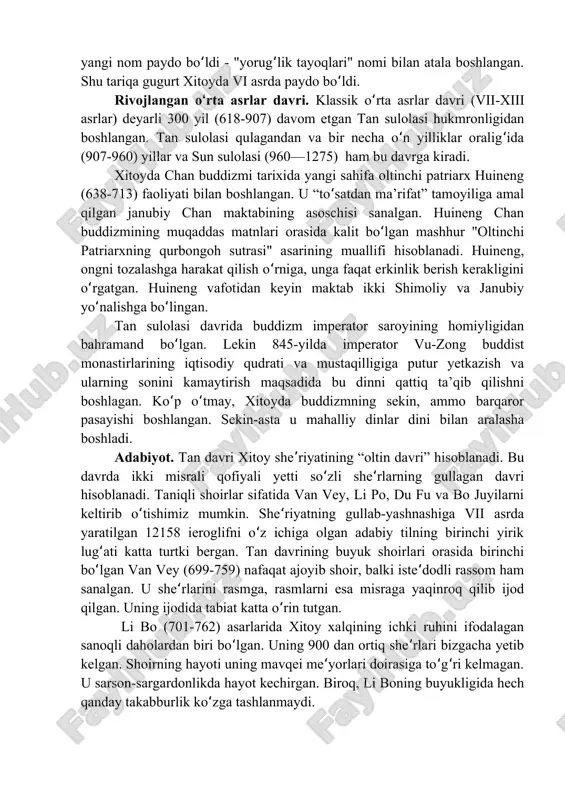odalar (xitoycha bao-ta-xazina minorasi)-ko p qavatli yodgorlikʻ minoralarini qurish odat tusiga kirdi. tasviriy san’atda cho zilgan nisbatlar va nafis ijro bilan ajralibʻ turadigan samoviy tasvirlarga katta ahamiyat bergan. v asrdan boshlab bizgacha yetib kelgan rassomlik haqidagi eng qadimgi risola “rasmning olti qoidasi” dir. uning muallifi xie xe xitoyda tasviriy san’at nazariyasiga asosiy ta’sir ko rsatgan. ʻ fan va texnologiya. siyosiy tarqoqlik davri xitoyda fan va texnika taraqqiyoti to xtab qolmadi. miloddan avvalgi v asrda olib borilgan hisob-ʻ kitoblar natijalari xitoy matematikasining katta yutug i bo ldi. bu davrda zuʻ ʻ chongji va zu genjininglar bizga noma’lum usullardan foydalanib o ninchiʻ kasrgacha bo lgan aniq raqamdan foydalana olgan. ʻ xitoyliklar jismoniy jismlarni masofadan o lchash usulini kashfʻ etganlar. ular "yerning shakli bor, osmon esa tanadan mahrum" degan xulosaga kelishgan. xitoyda taqvim tarixida birinchi marta pretsessiya qo llanilgan. ular kasalliklar diagnostikasini ishlab chiqdilar: qorong ulik vaʻ ʻ yorug lik tamoyillari haqidagi ta’limotga …