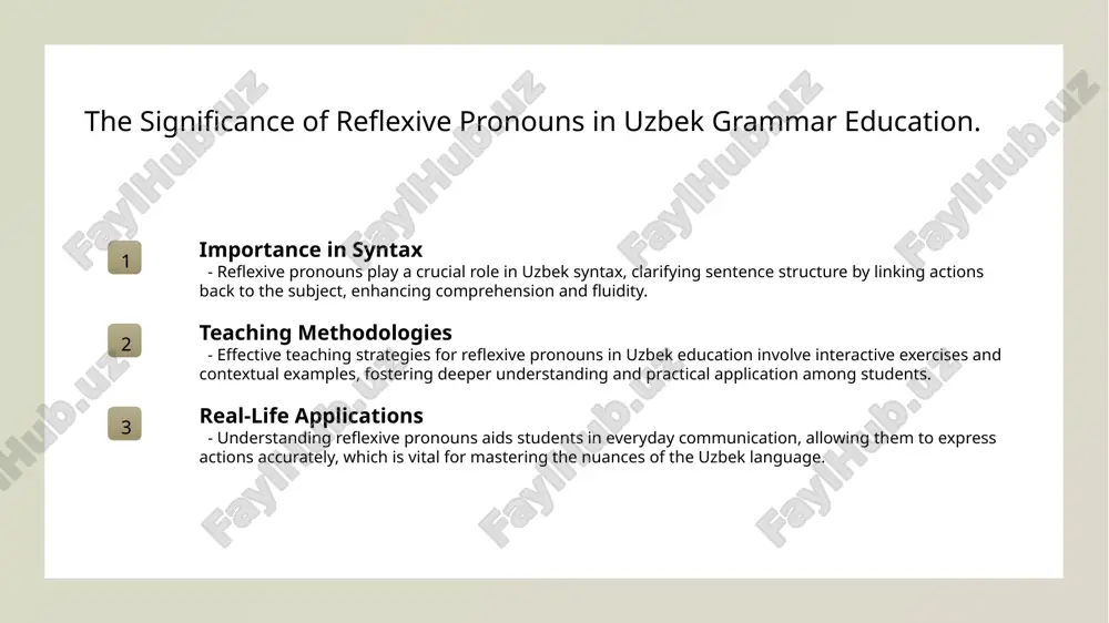 rsations for emphasis or to indicate actions done by the subject on themselves. 02 personal care in contexts of personal care, reflexive pronouns such as "himself" or "herself" are used, as in "she dressed herself," emphasizing independence. 03 professional emails reflexive pronouns enhance clarity in emails, like "i prepared the report myself," ensuring the recipient understands the action's responsibility. 04 cooking instructions recipes often use reflexive pronouns, e.g., "serve yourself," guiding readers in performing actions, ensuring clarity in instruction delivery. the significance of reflexive pronouns in uzbek grammar education. 1 definition and use - reflexive pronouns in uzbek highlight the action's focus on the subject. they clarify meaning by emphasizing that the subject and object are the same. 2 teaching strategies - educators use context-based learning to teach reflexive pronouns, integrating real-life examples to enhance comprehension and practical application in grammar. 3 student challenges - students often struggle with reflexive …