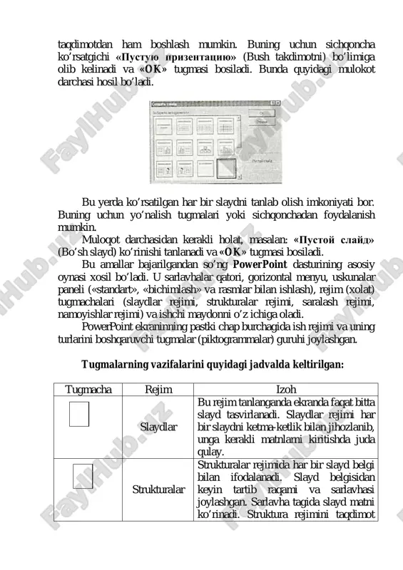 imotlarni saqlagandan keyin uning tarkibidagi barcha slaydlarni alohida-alohida o'zgartirish mumkin buning uchun yaratilgan slaydlarga sichqoncha ko'rsatkichi olib kelinadi va tugmasi bosilib tasdiqlangandan so'ng kerakli o'zgartirishlarni kiritish mumkin bo'ladi. slaydlar rejimida ishlash. bu rejimda yangi slayd yaratish, uning belgisini o'zgartirish, slayd matnini terish, tahrir qilish, slaydlarni guruhlash, rang sxemasini o'zgartirish hamda maxsus fon yaratish mumkin. - yangi slayd yaratish uchun darchaning standart uskunalar panelidagi «sozdat slayd» (slayd yaratish) tugmasi bosiladi. - slayd belgisi, turi, ko'rinishlarini o'zgartirish uchun standart uskunalar panelidagi «razmetka slayda» (slaydni belgilash) tugmachasi bosiladi. - slaydlarni bezash ishlarini o'zgartirish uchun shu paneldagi «primenit oformlenie» (jihozlash qo'llanilsin) tugmasi bosiladi. slaydga matn kiritish va uni tahrir qilish 2 usulda amalga oshiriladi: 1) matn uchun ajratilgan maydonga sichqoncha ko'rsatkichi olib kelib bosiladi va kursor paydo bo'lgandan so'ng matn klaviatura orqali kiritiladi; 2) sichqoncha ko'rsatkichi «a» tugma (piktogramma)siga olib kelinib bosiladi va kerakli sohaga matn kiritiladi. slaydlarni kichraytirish uchun matn bloki tanlanadi yoki …