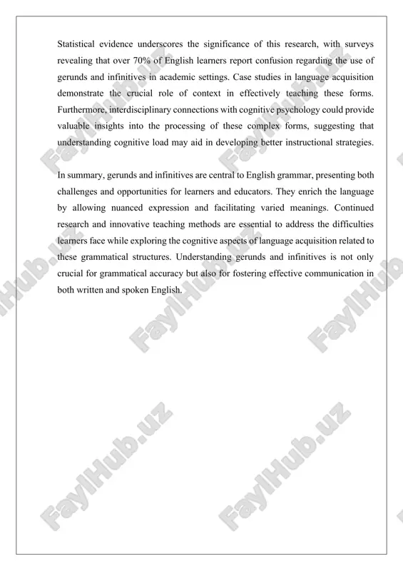 ter greater awareness and self-regulation. for example, learners can be prompted to keep journals where they note instances of gerunds and infinitives they encounter in their reading or writing. this practice not only reinforces their learning but also allows them to identify patterns and exceptions in their usage, facilitating deeper cognitive processing. incorporating technology into the teaching of gerunds and infinitives can further enhance cognitive engagement. digital tools, such as language learning apps and online grammar checkers, provide interactive platforms for practice. these resources often utilize gamification techniques, which can motivate learners by making the acquisition of gerunds and infinitives more engaging and less intimidating. additionally, technology can offer immediate feedback, allowing learners to correct errors and understand their mistakes in real-time, which is crucial for cognitive development. research supports the effectiveness of cognitive approaches in language teaching. studies have shown that learners who engage in contextualized and metacognitive strategies …
