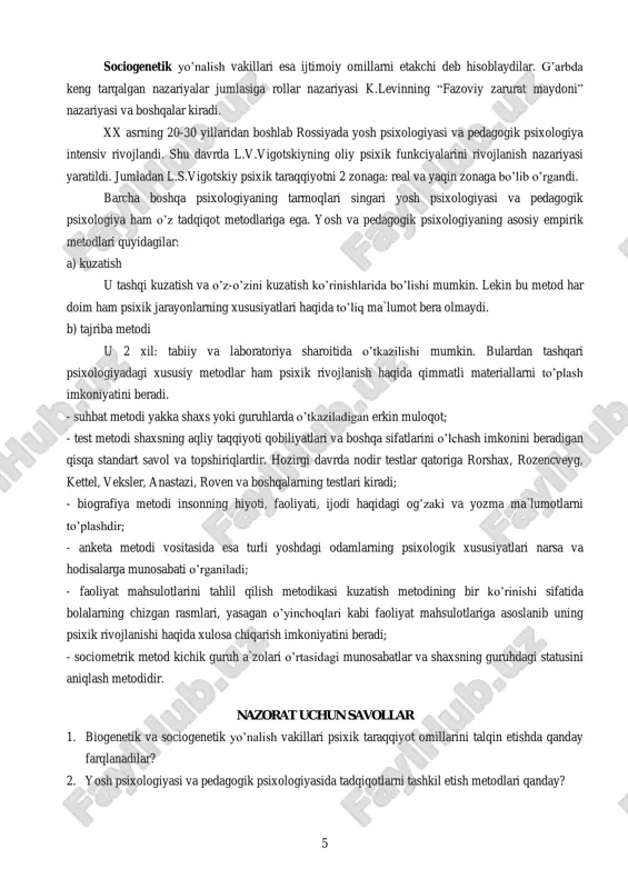 oniyatini beradi; - sociometrik metod kichik guruh a`zolari o’rtasidagi munosabatlar va shaxsning guruhdagi statusini aniqlash metodidir. nazorat uchun savollar 1. biogenetik va sociogenetik yo’nalish vakillari psixik taraqqiyot omillarini talqin etishda qanday farqlanadilar? 2. yosh psixologiyasi va pedagogik psixologiyasida tadqiqotlarni tashkil etish metodlari qanday? 6 3. yosh psixologiyasi va pedagogik psixologiyasida emperik materiallarni to’plash metodlari haqida nima bilasiz? qo’shimcha adabiyotlar : 1. i.a.karimov. “barkamol avlod – o’zbekiston taraqqiyotining poydevori”. 1997 y. 2. “ta`lim to’g’risida”gi qonun. xalq ta`limi. 1992 y. 10-son. 3. i.a.karimov asarlari asosida talaba o’quvchilarni ma`naviy-axloqiy tarbiyalashning asosiy tamoyillari. t. 1998 y. 4. al-buxoriy, abu abdulloh ibn ismoiliy – “hadis” t: qomuslar bosh tahririyati. 5. davletshin m.g. “ta`limning psixologik asoslari”. t: o’qituvchi, 1978 y. mavzu: psixik rivojlanish va uni davrlashtirish muammosi r e j a : 1. taraqqiyotni harakatlantiruvchi kuchlar. 2. yosh davrlar haqidagi tushuncha. 3. psixik taraqqiyot qonuniyatlari. 4. yosh krizislari va etakchi faoliyati. asosiy tushunchalar senzitiv davr – …