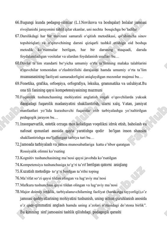 k orzuga mos keladigan voqelikni idrok etish, baholash va nafosat qonunlari asosida qayta yaratishga qodir bo'lgan inson shaxsini shakllantirishga mo'ljallangan tarbiya turi bu… 72. jamoada tarbiyalash va jamoa munosabatlariga katta e’tibor qaratgan rossiyalik olimni ko’rsating 73. kognitiv tushunchasining ma’nosi qaysi javobda ko’rsatilgan 74. kompetensiya tushunchasiga to‘g‘ri ta’rif berilgan qatorni aniqlang 75. kuzatish metodiga- to‘g‘ri berilgan ta’rifni toping 76. ma’rifat so‘zi qaysi tildan olingan va lug‘aviy ma’nosi 77. mafkura tushunchasi qaysi tildan olingan va lug‘aviy ma’nosi 78. major doimiy tetiklik, tarbiyalanuvchilarning faoliyat (harakatga tayyorligi),o’z jamoasi qadriyatlarining mohiyatini tushunish, uning uchun guruhlanish asosida o’z qadr-qimmatini anglash hamda uning a’zolari o’rtasidagi do’stona birlik”. bu kimning sinf jamoasini tashlik qilishdagi pedagogik qarashi 79. markiziy osiyoda birinchi bo‘lib ta’lim-tarbiyaga ta’rif bergan alloma 80. pedagogikaning bosh masalasi deganda nima tushuniladi 81. platon darida bolalarga 7 yoshdan 12 yoshgacha davlat maktablarida qanday fanlar o‘rgatilgan 82. qadimgi yunon olimidan qaysi biri “tabiat bilan tarbiya bir-biriga o‘xshaydi” deb aytgan …