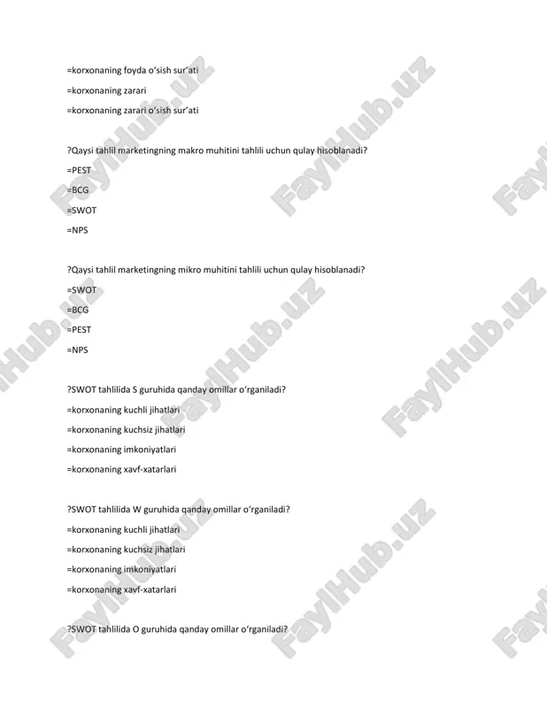 klama beruvchining maqsadli faoliyati, reklama mavzusining mavjudligi to'g'risida iste'molchilarning bilimlarini xabardor qilish yoki kengaytirish =imidjni shakllantirish va kompaniyaning obro'siga jamiyatning ijobiy munosabatini rivojlantirish bo'yicha turli tadbirlarni o'tkazish =taklif etilayotgan tashrif buyuruvchilar bilan ularni sotish maqsadida suhbatda mahsulot va xizmatlarni og'zaki taqdim etish =muayyan reklama beruvchi tomonidan mahsulot, xizmatlar g'oyalarini ilgari surishning shaxsiy taqdimotining har qanday pullik shakli ?o'zbekiston respublikasining "reklama to'g'risida" gi qonun qaysi yilda qabul qilingan? =1998 yil 25-dekabr =1999 yil 25 oktyabr =1997 yil 25 dekabr =1998 yil 25 oktyabr ?strategiya bu ..... =yakuniy maqsadga erishish uchun kelajakda amal qiladigan harakatlar rejasi =bu biznesni bosqichma-bosqich rivojlantirishning umumiy uzoq muddatli rejasi =bu biznesni bosqichma-bosqich rivojlantirishning umumiy qisqa muddatli rejasi =bu biznesni bosqichma-bosqich rivojlantirishning umumiy o'rta muddatli rejasi ?bcg matritsasi nechta kvadrantga bo'linadi? =4 =5 =3 =2 ?elektron pochta marketingi .... =elektron pochta orqali kompaniya mahsulotlarini reklama qilish =bu usul mahsulotni to'g'ridan-to'g'ri va oxirgi iste'molchi bilan targ'ib qilish =maqsadli va …