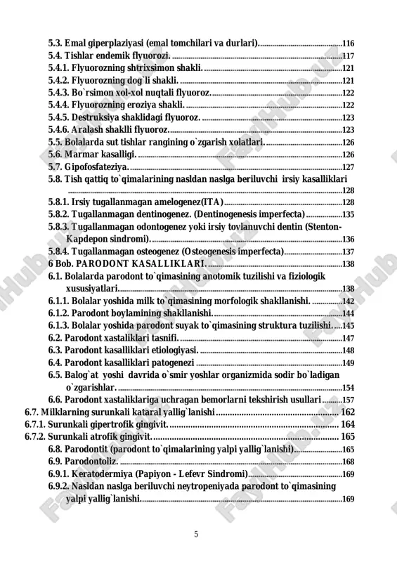 .................100 5.2.1. emalning sistemali gipoplaziyasi (esg) ........................................................102 5.2.2. dog` shaklidagi emal sistemali gipoplaziyasi ...............................................104 5.2.3. chuqurchalar shaklidagi sistemali emal gipoplaziyasi. ...........................105 5.2.4. tish emali sistemali gipoplaziyasining egatchali shakli. ..........................105 5.2.5. sistemali emal gipoplaziyasining likopchali shakli. ...................................107 5.2.6. sistemali emal gipoplaziyasining aralash shakli. ........................................108 5.2.7. emal aplaziyasi. ......................................................................................................109 5.2.8. sistemali emal gipoplaziyasini davolash. .......................................................110 5.2.9. tish emalining maxalliy gipoplaziyasi............................................................110 5.2.10. emal to`qimasining o`choqli gipoplaziyasi odontodisplaziya, fantom tishlar, tugallanmagan odontogenez. .................................................................112 5.2.11. tetratsiklinli tishlar. ...........................................................................................113 5.2.12. sistemali emal gipoplaziyasining boshqa turlari ......................................115 (getchinson, furne, pflyuger tishlari). ......................................................................115 5 5.3. emal giperplaziyasi (emal tomchilari va durlari). .........................................116 5.4. tishlar endemik flyuorozi. .....................................................................................117 5.4.1. flyuorozning shtrixsimon shakli. .....................................................................121 5.4.2. flyuorozning dog`li shakli. .................................................................................121 5.4.3. bo`rsimon xol-xol nuqtali flyuoroz. .......................