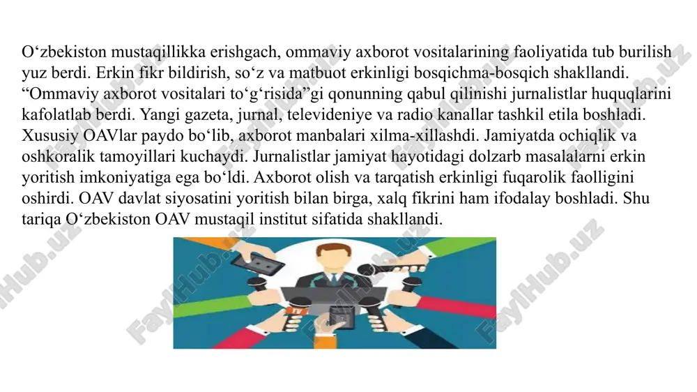 rga, davlat oav erkinligini cheklamasdan, ularning faoliyatini huquqiy asosda yo‘naltiradi. tartibga solish mexanizmlari oav faoliyatining barqarorligini ta’minlashga xizmat qiladi. natijada, mamlakatda axborot siyosatining ochiqligi va qonuniyligi mustahkamlanmoqda. qonunchilik va tartibga solish mexanizmlari oavning erkinligi va professional standartlari so‘nggi yillarda o‘zbekiston ommaviy axborot vositalarining erkinligi sezilarli darajada oshdi. jurnalistlar jamiyatdagi dolzarb masalalarni erkin yoritish imkoniga ega bo‘ldi. oav faoliyatida oshkoralik, xolislik va mas’uliyat asosiy tamoyil sifatida belgilandi. axborot erkinligi bo‘yicha xalqaro tashkilotlar o‘zbekistonning yutuqlarini e’tirof etmoqda. shu bilan birga, professional jurnalistika standartlarini joriy etish muhim vazifalardan biridir. etika, ishonchlilik va faktlarni tekshirish madaniyati jurnalistning asosiy mezoniga aylanmoqda. mustaqil tahririyatlar va nodavlat nashrlar erkin fikr maydonini kengaytirmoqda. oav xodimlari malakasini oshirish bo‘yicha treninglar va kurslar tashkil etilmoqda. axborot erkinligi demokratik jamiyatning ajralmas qismi sifatida qaralmoqda. shu bois o‘zbekiston media sohasida erkin, mas’uliyatli va professional oav tizimini rivojlantirishga intilmoqda. kelajakda o‘zbekiston ommaviy axborot vositalarini yanada rivojlantirish uchun keng imkoniyatlar mavjud. raqamli texnologiyalarni joriy …