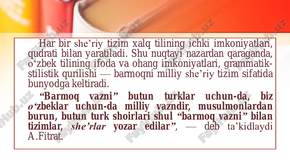 . bu siljishdagi keyingi qadam sifatida barmoqda yozilgan getrometrik she’rlarni olish mumkin. getrometkrik she’rlarning qo‘shma vaznli she’rlardan farqi shuki, ularda izosillabizm bandlararo satxda namoyon bo‘ladi. “qoya” nomli getrometrik she’r quyidagicha bandlardan tarkib topadi: • tolzor kuz rangida va salqin. 9 • daraxtlarda yaproqlar oltin. 9 • tog‘dan esar yel oqin-oqin, 9 • tag‘in bo‘lur tin. 5 mazkur she’rda band ichida izosillabizm mavjud emas, u she’r butunligida namoyon bo‘ladi, ya’ni, bu she’rning har bir bandi 32 bo‘g‘indan tashkil topgan bo‘lib, ularning misralararo taqsimlanishi 9- 9-9-5 tarzida amalga oshadi. bu xil vaznlarning yuzaga kelishi barmoq tizimining ritmik imkoniyatlarini kengaytirgani shubhasiz. erkin she’r • barmoq asosidagi erkin she’r xx asrning 20- yillaridan keng ommalashdi. o‘zbek erkin she’riga xos xususiyat shuki, unda misralardagi bo‘g‘inlar soni turlicha, ularning o‘zaro qofiyalanishi qat’iy tartibda emas, biroq she’r davomida o‘lchovda teng bo‘laklar – bir yoki bir necha nav turoqlar erkin tarzda takrorlanishi hisobiga muayyan ritmiklik hosil qilinadi. “binafsha” …