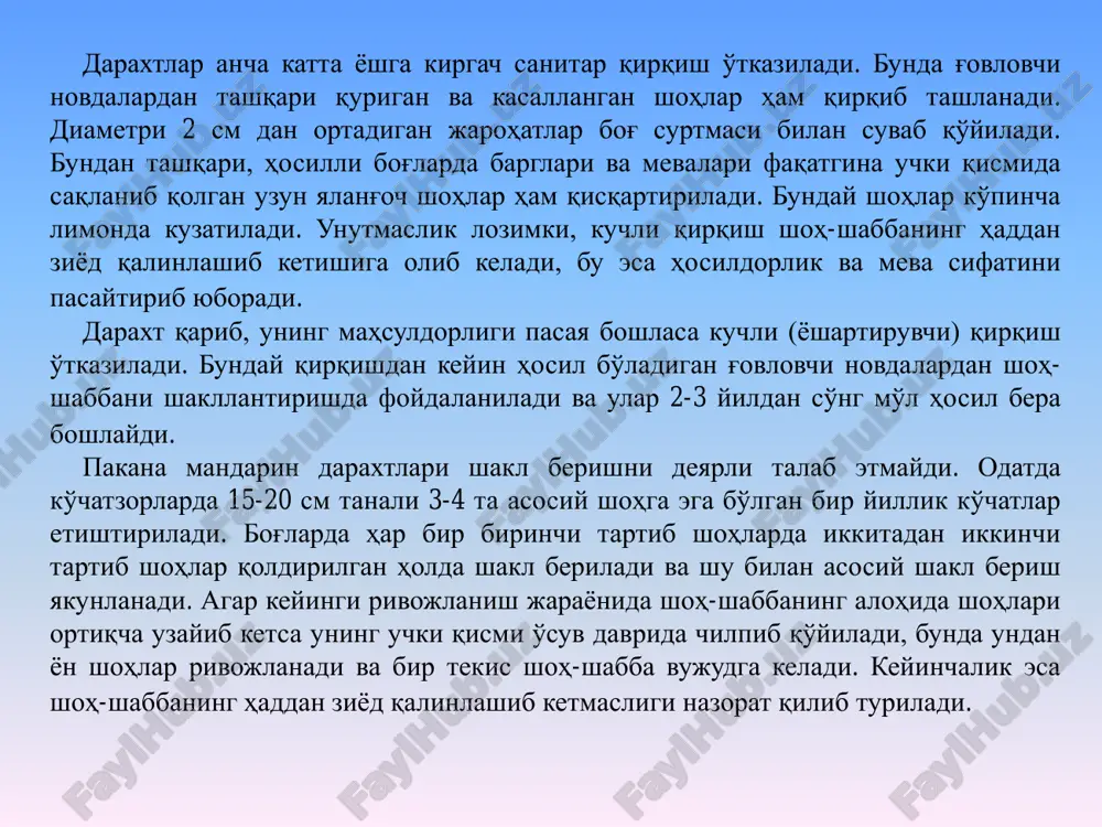 'simligi mavsum davomida sug'orish miqdori ob-havo sharoiti va o'simlik holatiga qarab belgilanadi: dekabr, yanvar va fevralda – 1 marotabadan; martda – 2 marotaba aprel va mayda – 3 marotaba iyunda – 4 marotaba iyul va avgustda – 4-5 marotabadan sentyabrda – 3 marotaba oktyabrda – 2 marotaba noyabrda – 1-2 marotaba, shu jumladan 5-6 marotaba go'ngli sharbat bilan sug'oriladi. limon o'simligini handakdagi hosili bir sotix handak va issiqxona tashkil qilish uchun ketadigan sarf xarajatlar temir ramka-(180 m) 480 ming so'm, sim (500m) 65 ming so'm, reyka (75m) 150 ming so'm, plyonka (100kv) 400 ming so'm, 1 sotix handak xarajati – 1 095 000 so'm temir ramka-(350 m) 850ming so'm, sim (500m) 65 ming so'm, reyka (150m) 300 ming so'm, plyonka (170kv) 600 ming so'm, tsiment (200 kg) 80 ming so'm, issitish qozoni va quvirlari 1,2 mln. so'm , 1 sotix issiqxona xarajati – 3 095 000so'm limon o'simligini etishtirishda tavsiya …