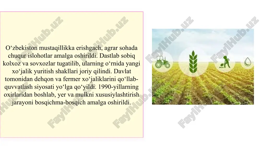 dolzarb vazifa bo‘lib qolmoqda. bu yo‘nalishda yashil texnologiyalar, qayta tiklanuvchi energiya manbalari va chiqindisiz ishlab chiqarish tizimlarini joriy etish rejalashtirilgan. qishloq xo‘jaligida suv resurslaridan samarali foydalanish, sanoatda esa uglerod izini kamaytirish muhim ahamiyat kasb etmoqda. innovatsion rivojlanish va ekologik muhofaza o‘rtasidagi muvozanat barqaror iqtisodiyotning asosi hisoblanadi. o‘zbekistonning 2030-yilgacha bo‘lgan rivojlanish strategiyasida aynan shu yo‘nalishlarga alohida e’tibor qaratilgan. mustaqillik yillarida o‘zbekiston qishloq xo‘jaligi va sanoat sohalarida sezilarli o‘zgarishlar amalga oshirdi. qishloq xo‘jaligida agrar islohotlar, yer munosabatlarini yaxshilash va fermer xo‘jaliklarini rivojlantirish orqali ishlab chiqarish samaradorligi oshirildi. sanoat sohasida yangi ishlab chiqarish tarmoqlari yaratilib, investitsion siyosat va raqamli texnologiyalar joriy etildi. ushbu o‘zgarishlar natijasida yangi ish o‘rinlari yaratilib, aholining turmush darajasi yaxshilandi, ichki bozor kengaydi va milliy mahsulotlarning sifati oshdi. raqamli texnologiyalar va innovatsion yechimlar qishloq xo‘jaligi hamda sanoatning barqaror rivojlanishida muhim rol o‘ynamoqda. kelajakda ekologik muvozanatni saqlash, yashil texnologiyalarni joriy etish va barqaror iqtisodiy o‘sishni ta’minlash asosiy vazifalar sifatida qolmoqda. shu …