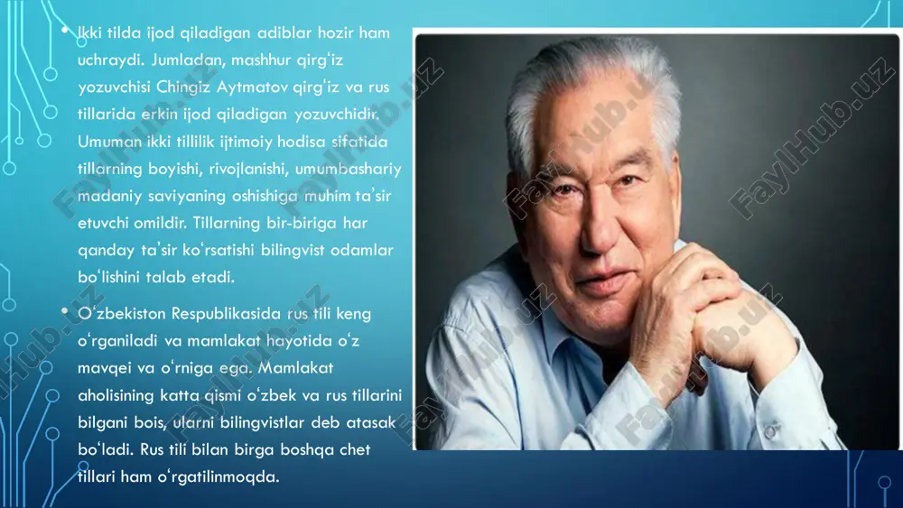 arga, shu jumladan tillarga ega ekanligini unutmang. bola uchun bir til boshqasiga qaraganda ancha qiyin bo’lishi mumkin. ikki tillilikning tipik muammolari: fonetik va leksik tizimlarni aralashtirish; so’zlarni soddalashtirish; murakkab tuzilmalardan qochish; har bir tilning so’z boyligining cheklanganligi; stresslarni noto’g’ri joylashtirish; muloqotda tillarni aralashtirish. • ikki tillilik bolada nutq buzilishining sababi emas, balki og’irlashtiruvchi omil bo’lishi mumkin. bunday holda, nutq terapevtining vazifalari quyidagilardan iborat bo’ladi: • to’g’ri tovush talaffuzini shakllantirish; • grammatik tuzilmani shakllantirish; • muvofiq nutqni rivojlantirish; • nutqning hece tuzilishi ustida ishlash; • so’zlarda to’g’ri urg’uni shakllantirish • rus va chet el adabiyotida ikki tillilik muammosi l. shcherba, g. vereshchagin, u. vaynrayx, shuningdek, v. avrorin, a. zalevskaya kabi atoqli olimlarning asarlaridan boshlab koʻplab ishlarga bagʻishlangan; biroq tadqiqotchilar o’rtasida ko’plab kelishmovchiliklar va qarama-qarshiliklar mavjud bo’lib, bu mavzu bo’yicha bilimlarni tizimlashtirish zarurligini ko’rsatadi. bundan tashqari, ikki tillilikni singdirishda madaniyatlarning o’zaro bog’liqligi muammosi kam ochib berilgan, bu ishning ilmiy yangiligi va amaliy …